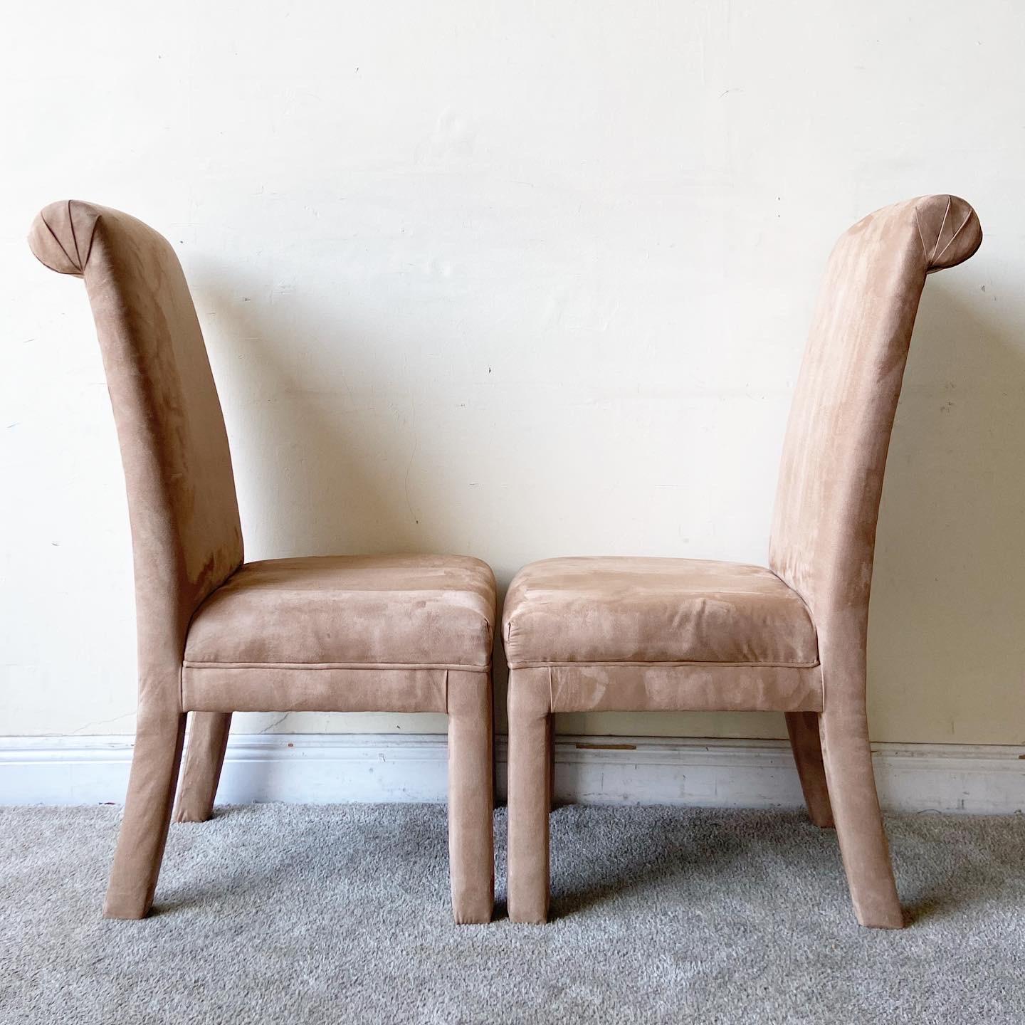 Postmodern Brown Fabric Parsons Dining Chairs - Set of 6 In Good Condition For Sale In Delray Beach, FL