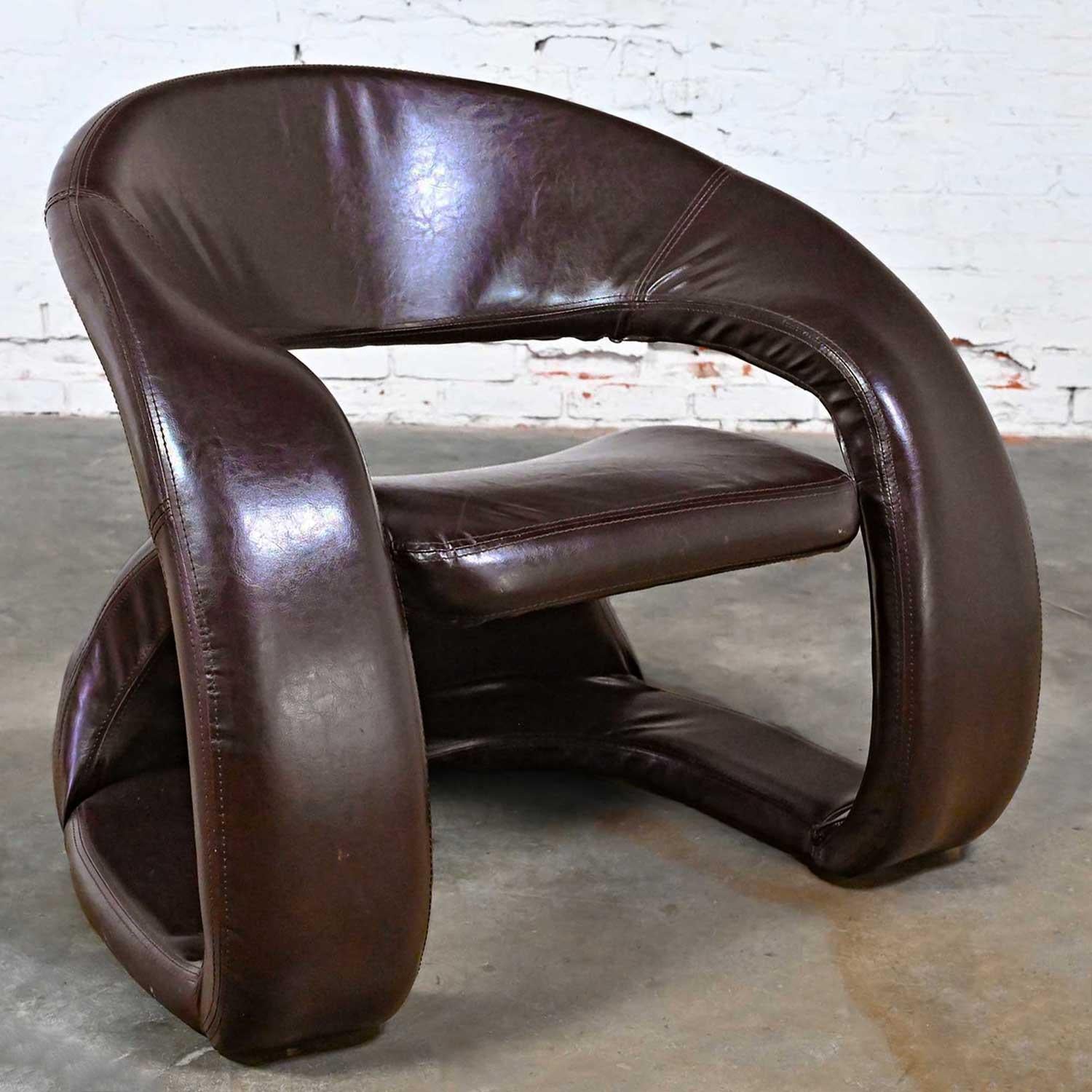 20th Century Postmodern Brown Faux Leather Tongue Chair Attributed Jaymar Pop Art Chair For Sale
