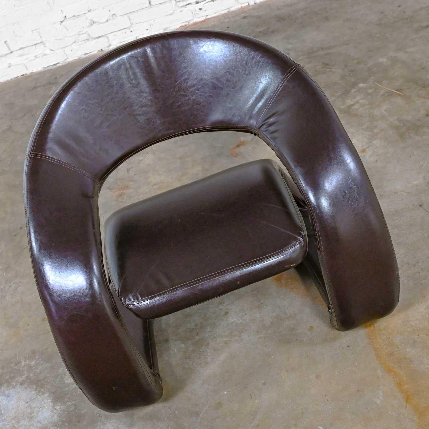 Metal Postmodern Brown Faux Leather Tongue Chair Attributed Jaymar Pop Art Chair For Sale