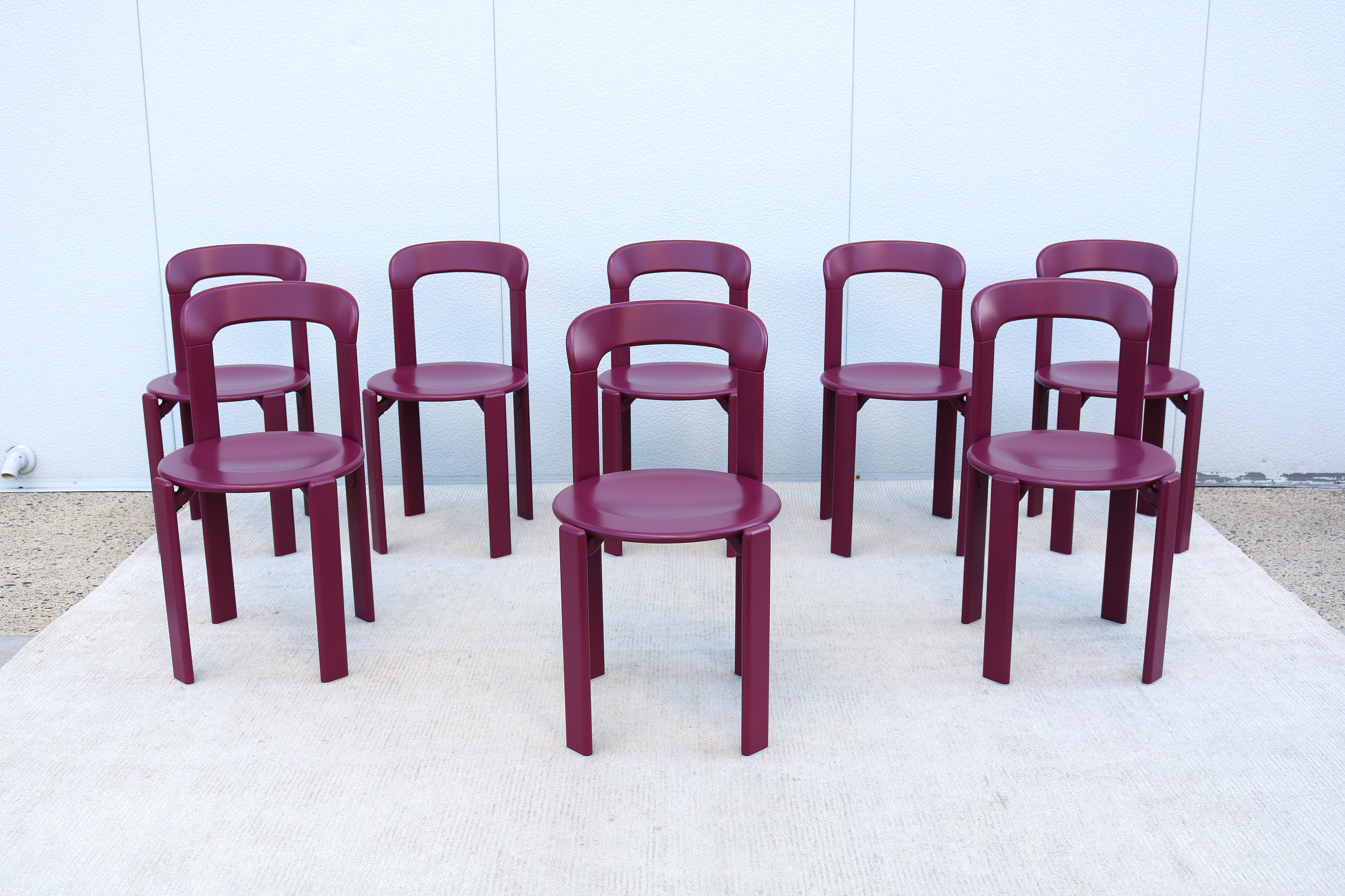 Fabulous set of 8 Rey dining chairs by Swiss designer Bruno Rey for Dietiker and Hay.
The iconic Rey chair was mass produced in 1971 by Dietiker in Stein am Rhein. Originally called the 3300 chair, it later became known as the Rey, one of the most
