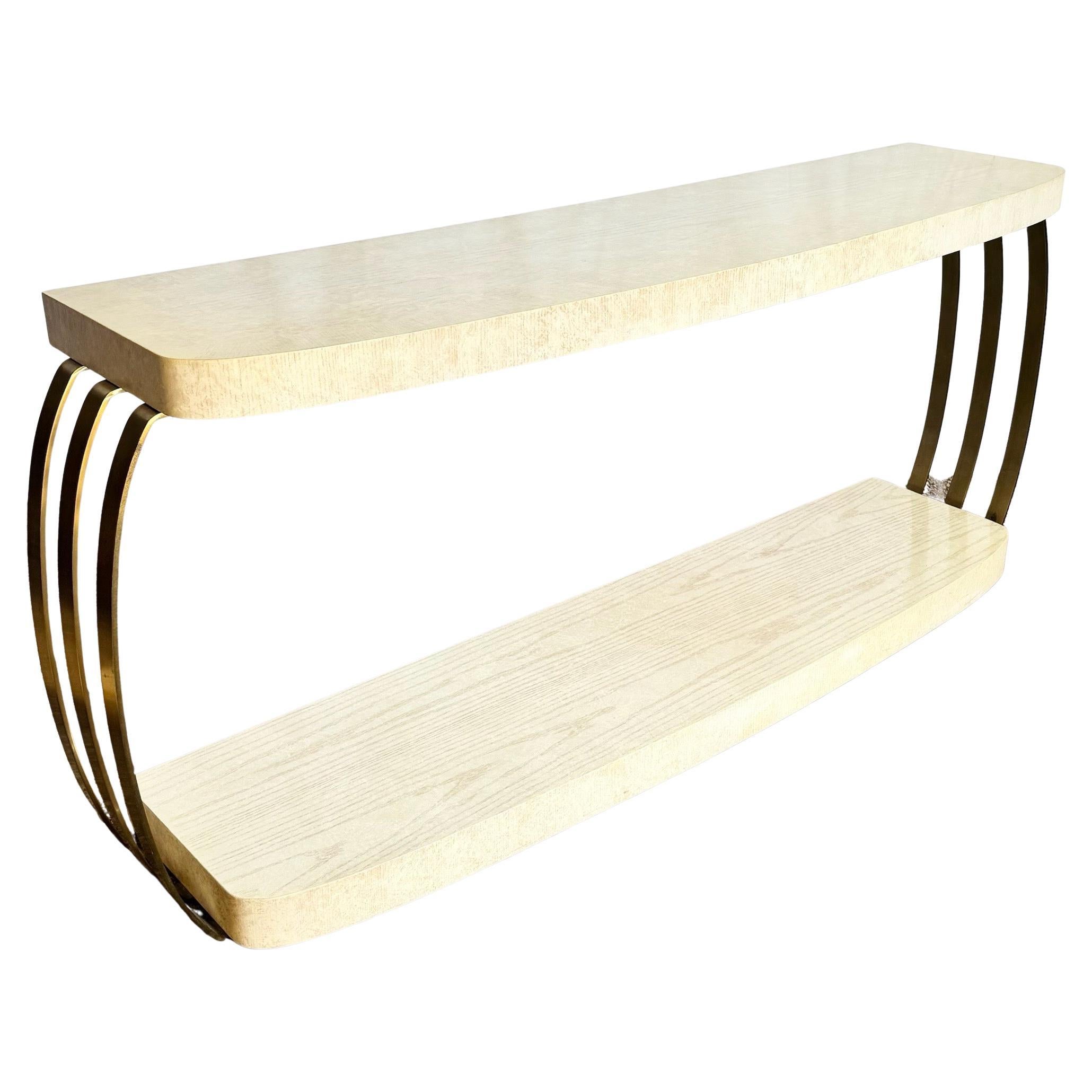 Postmodern Brushed Brass and Cerused Oak Console Table by Henredon