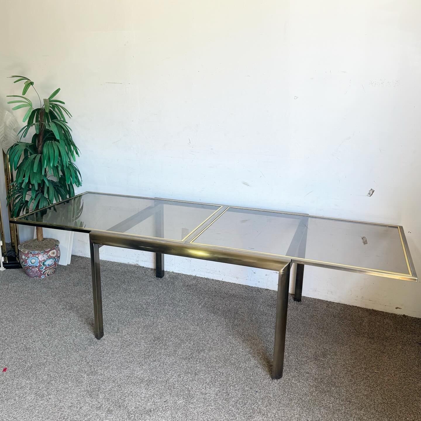 Postmodern Brushed Brass Finish and Smoked Glass Extendable Dining Table by DIA 4