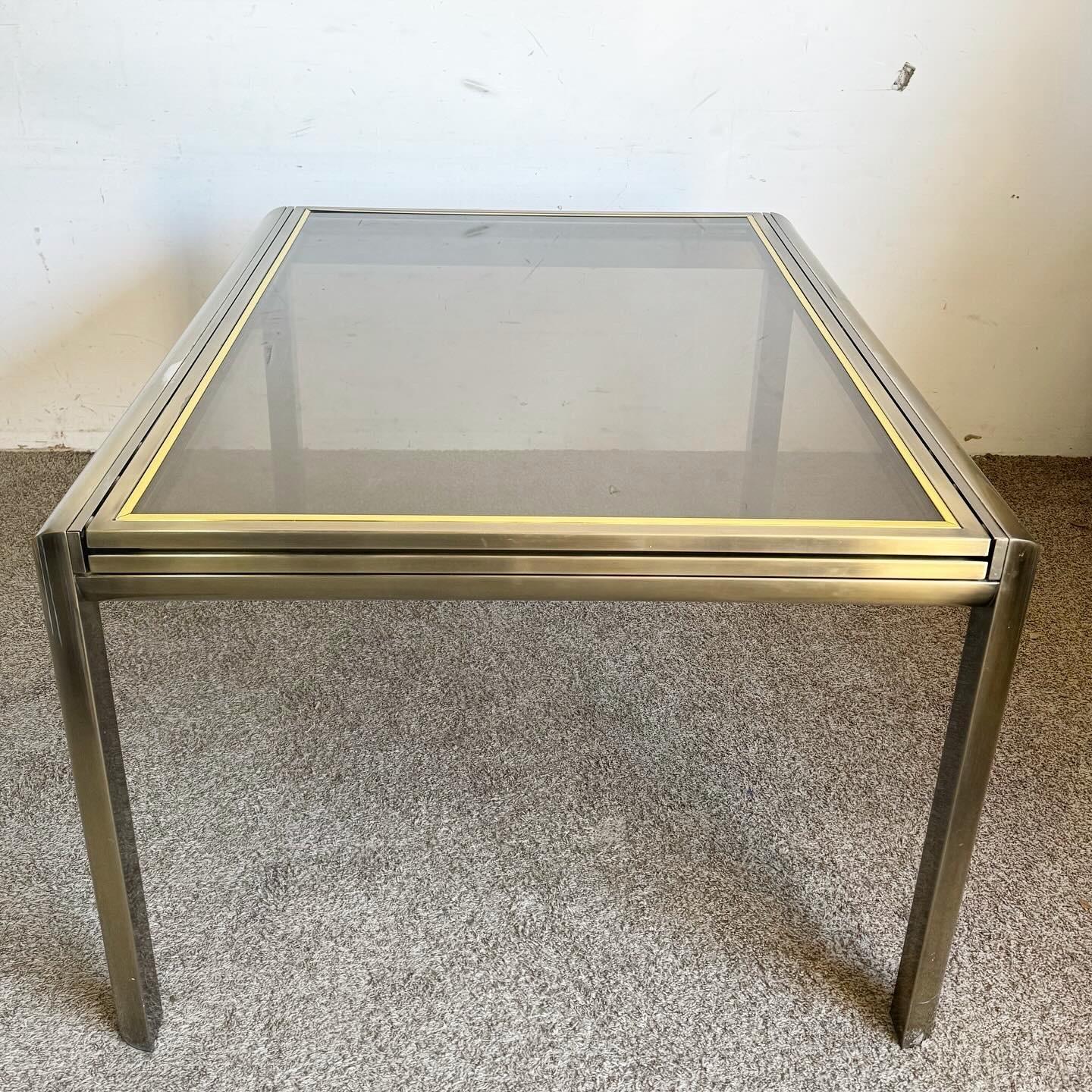 American Postmodern Brushed Brass Finish and Smoked Glass Extendable Dining Table by DIA