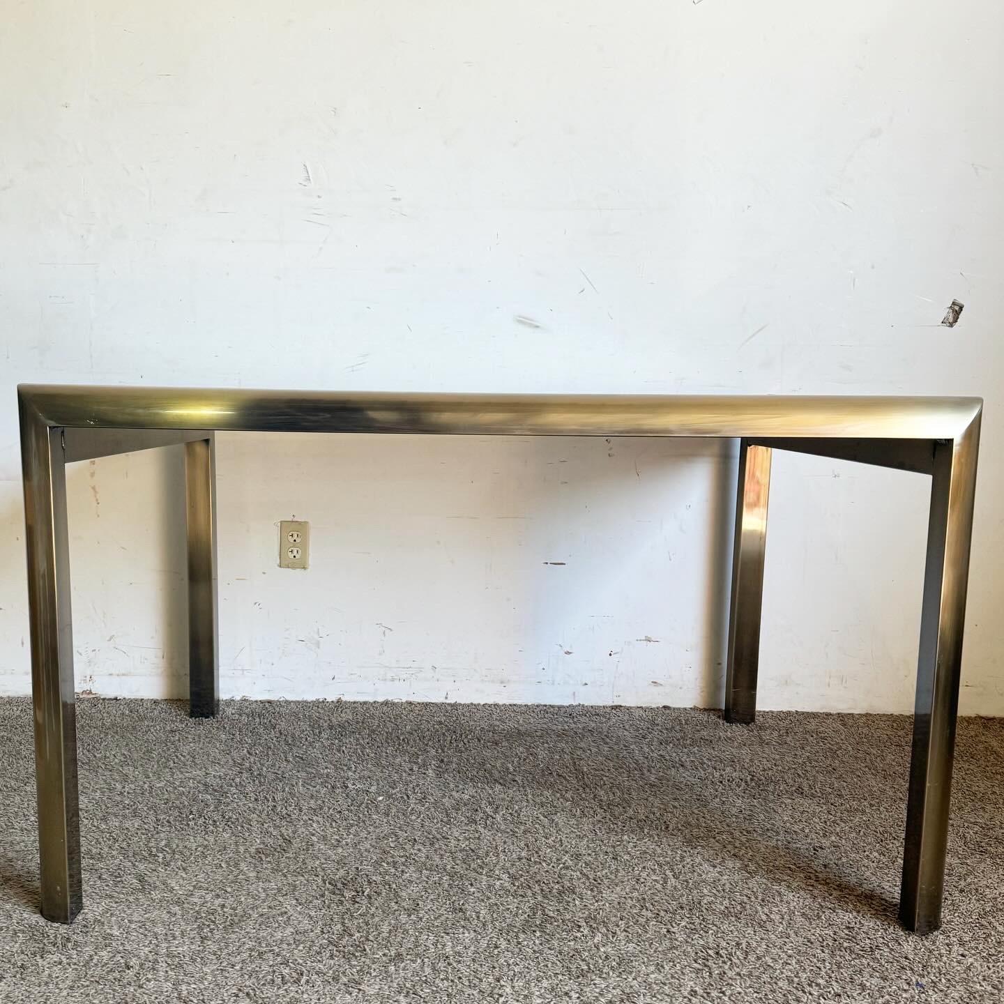 Postmodern Brushed Brass Finish and Smoked Glass Extendable Dining Table by DIA In Good Condition In Delray Beach, FL