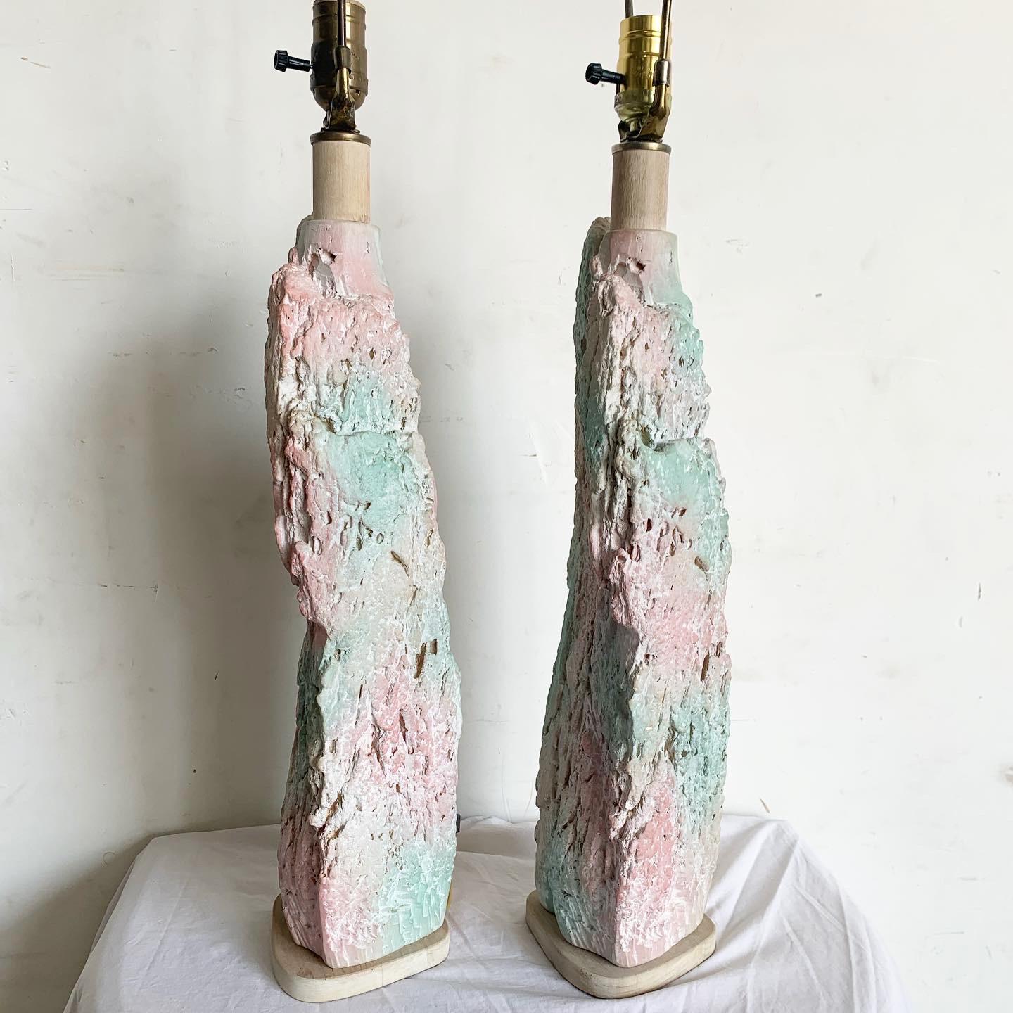 Post-Modern Postmodern Brutalist Pink and Green Faux Stone Three Way Table Lamps - a Pair For Sale