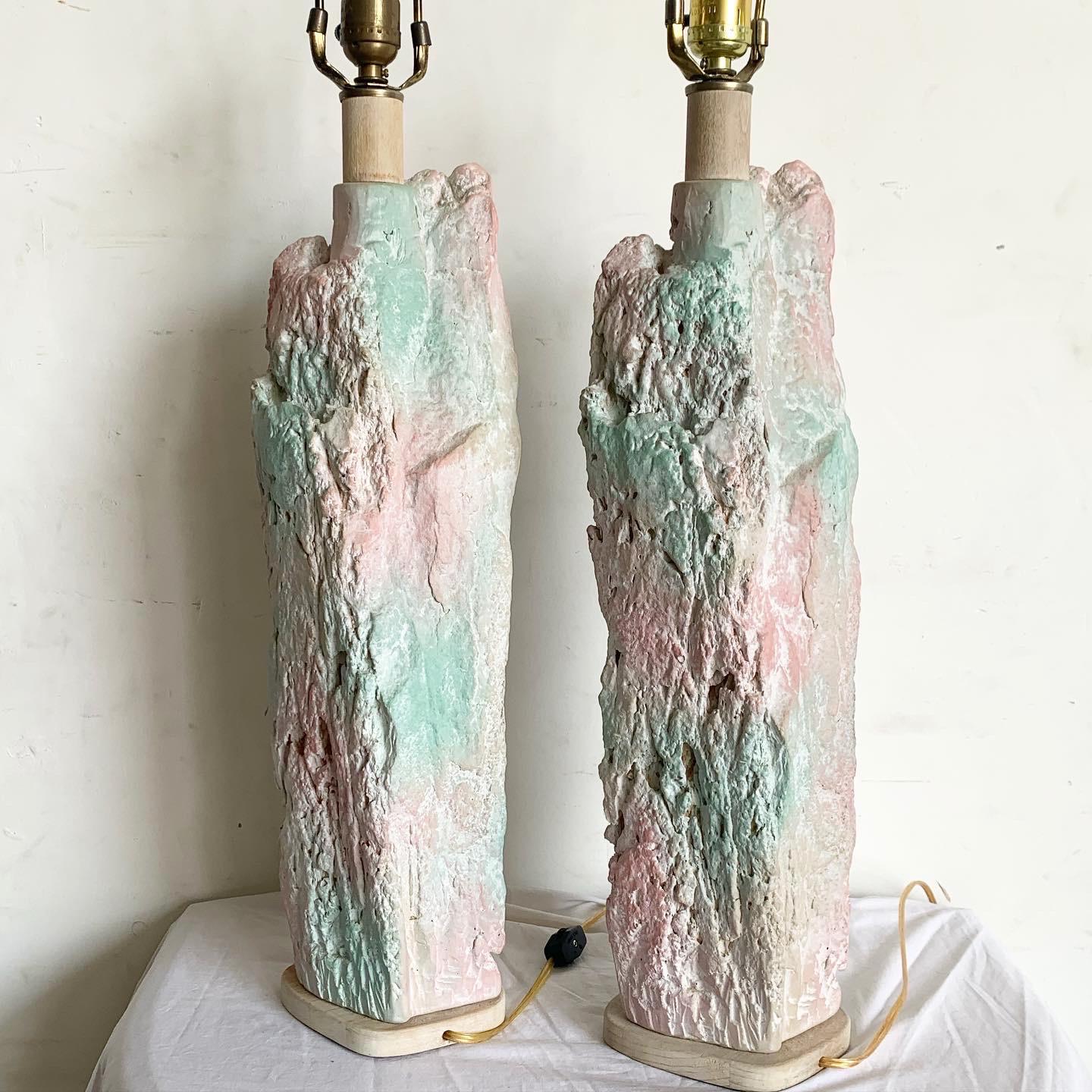 American Postmodern Brutalist Pink and Green Faux Stone Three Way Table Lamps - a Pair For Sale