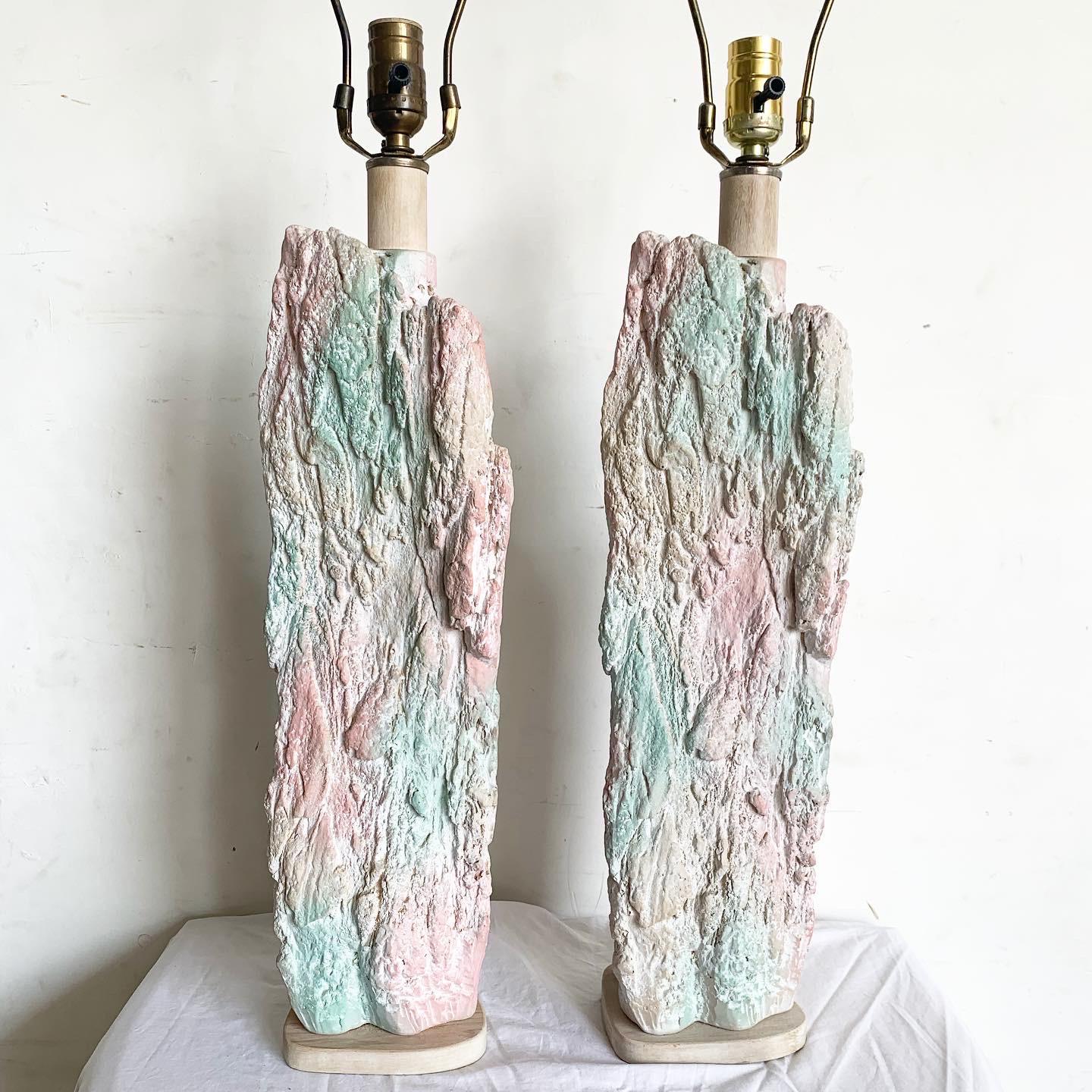 20th Century Postmodern Brutalist Pink and Green Faux Stone Three Way Table Lamps - a Pair For Sale