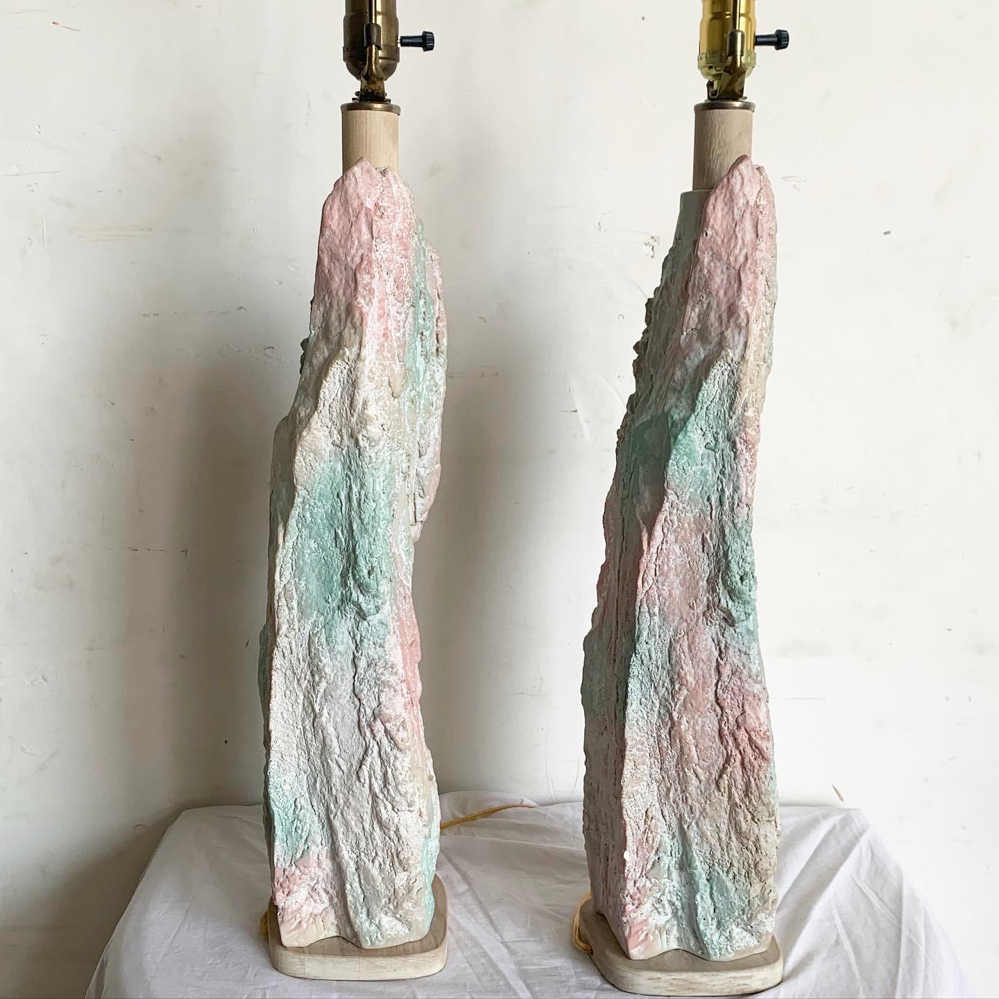 Postmodern Brutalist Pink and Green Faux Stone Three Way Table Lamps - a Pair For Sale 1