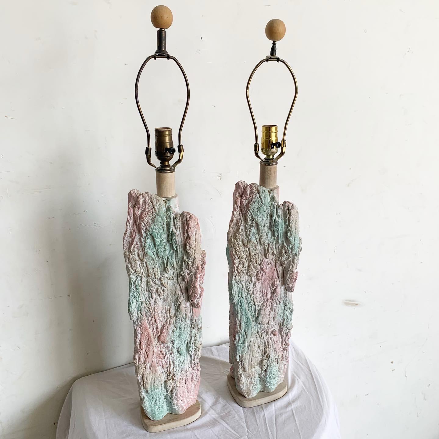 Postmodern Brutalist Pink and Green Faux Stone Three Way Table Lamps - a Pair For Sale 2