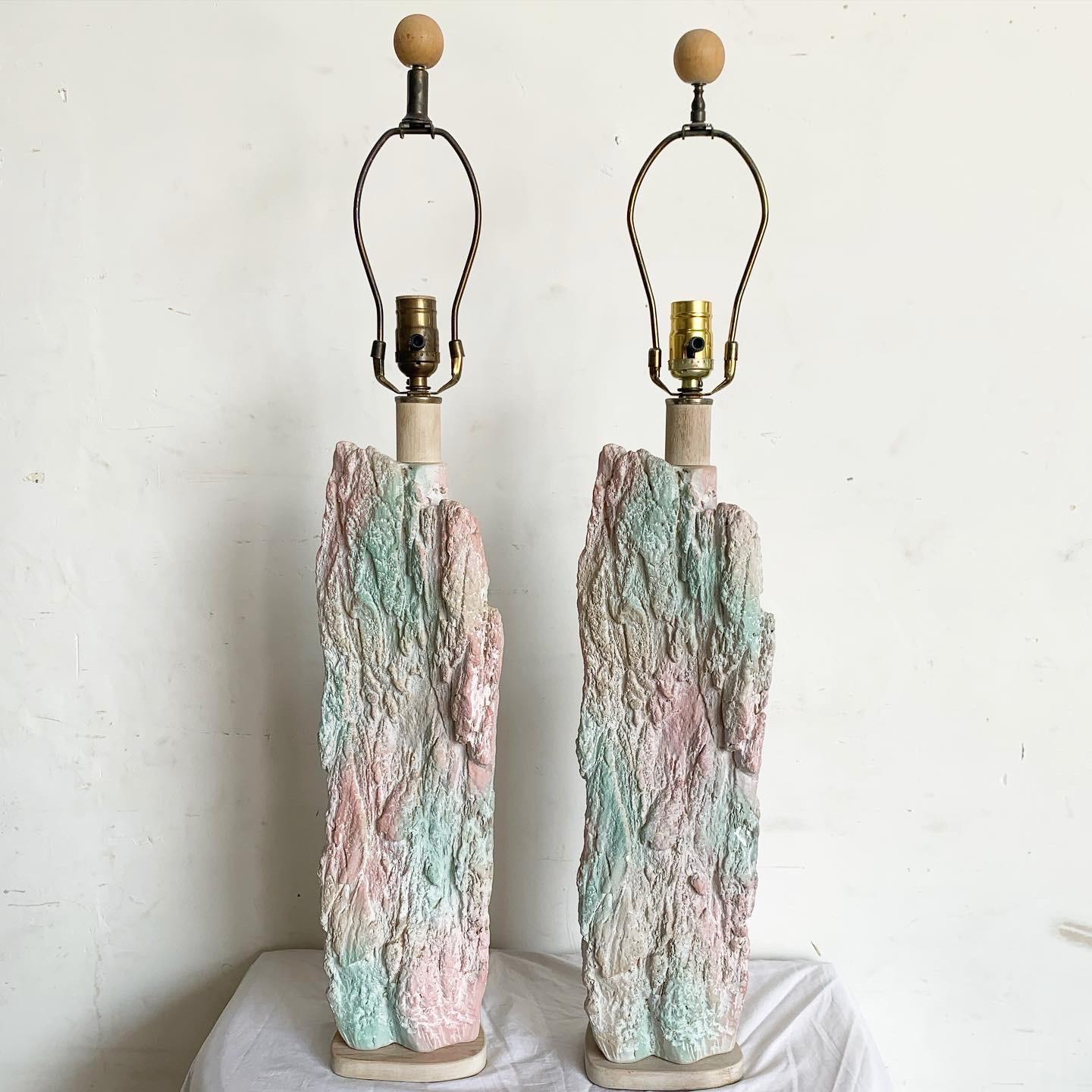 Postmodern Brutalist Pink and Green Faux Stone Three Way Table Lamps - a Pair For Sale 3