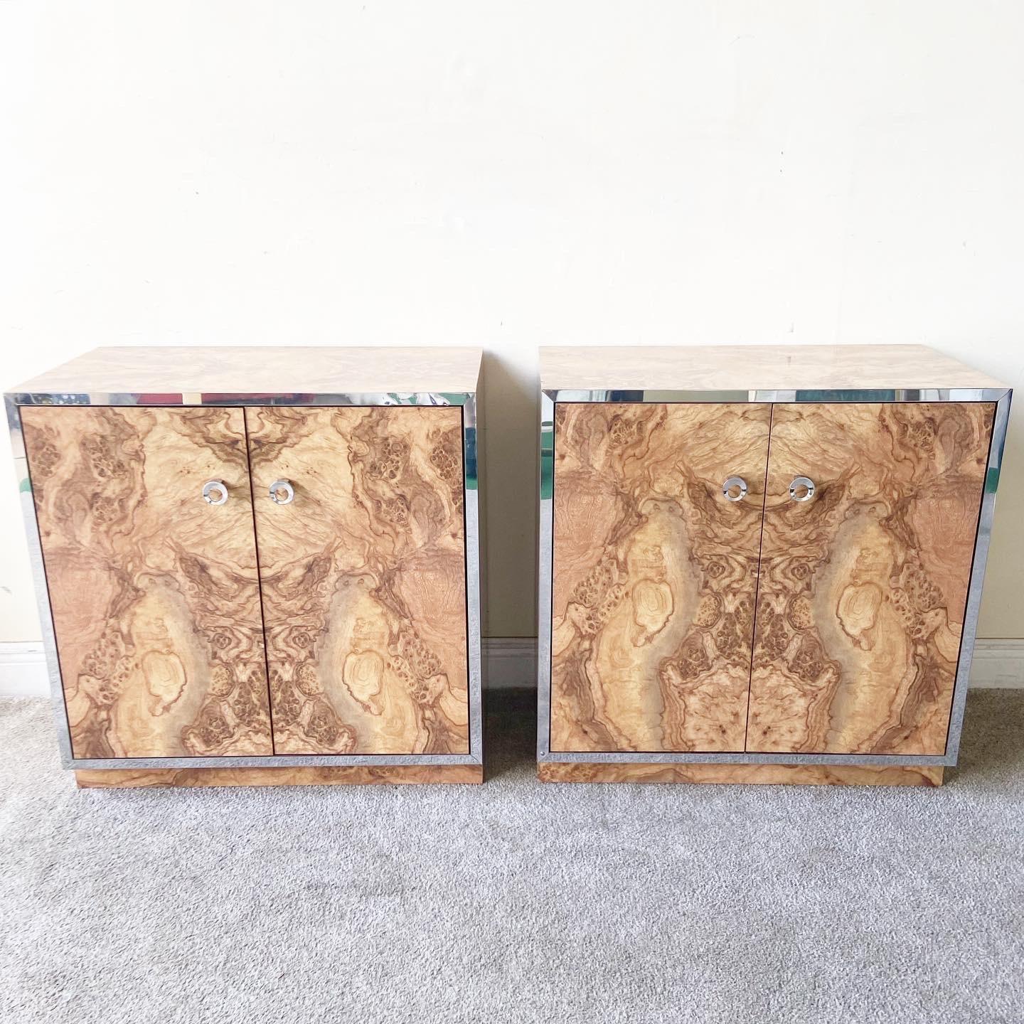 Postmodern Burl Wood Lacquer Laminate and Chrome Cabinets, a Pair 5