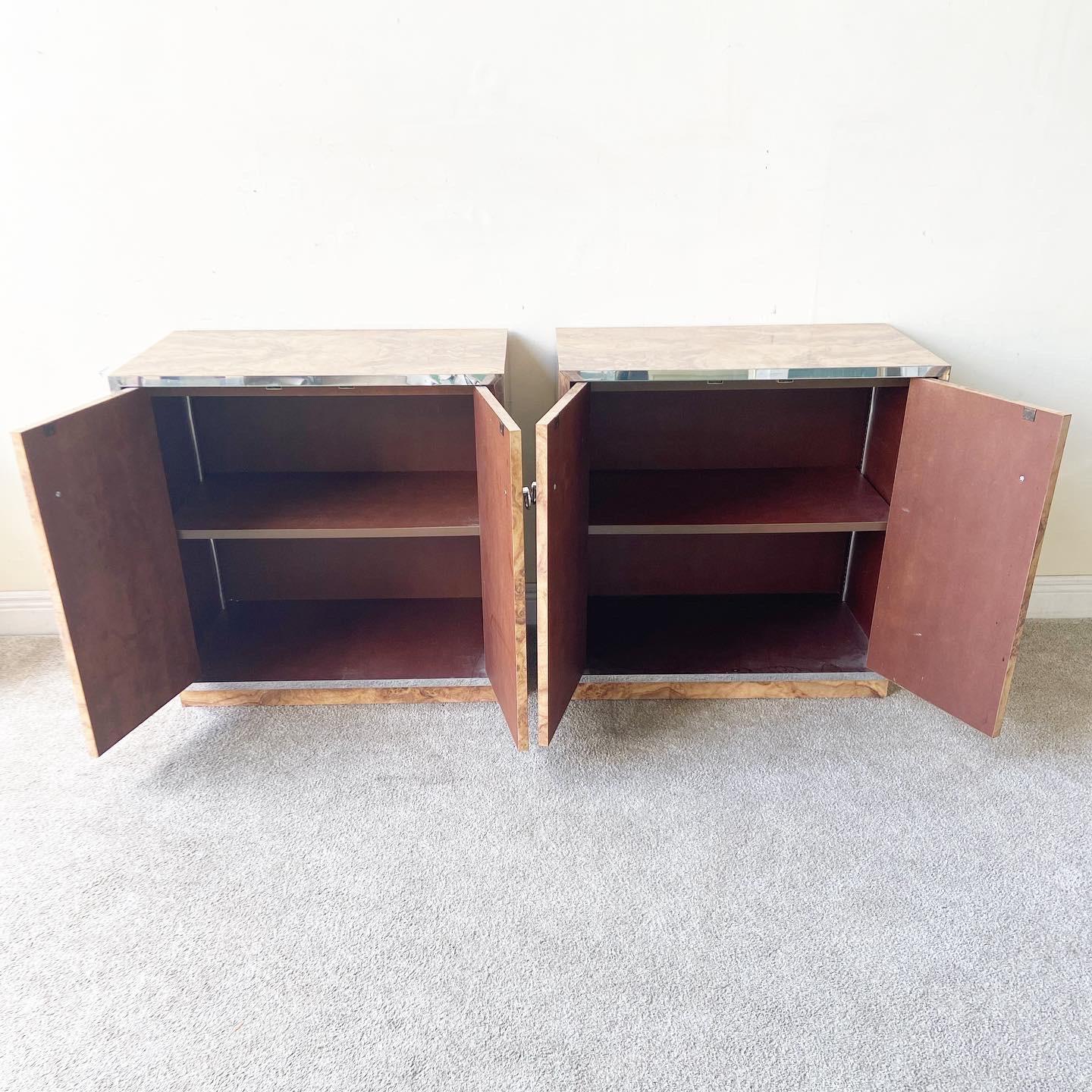 Postmodern Burl Wood Lacquer Laminate and Chrome Cabinets, a Pair 7