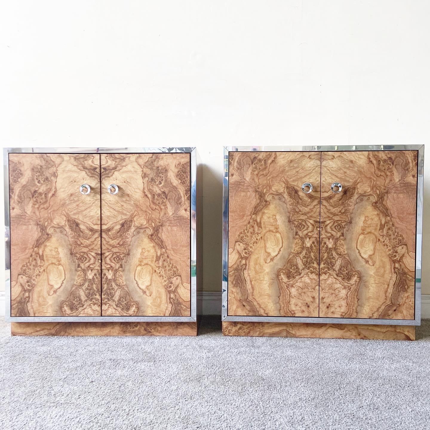 American Postmodern Burl Wood Lacquer Laminate and Chrome Cabinets, a Pair