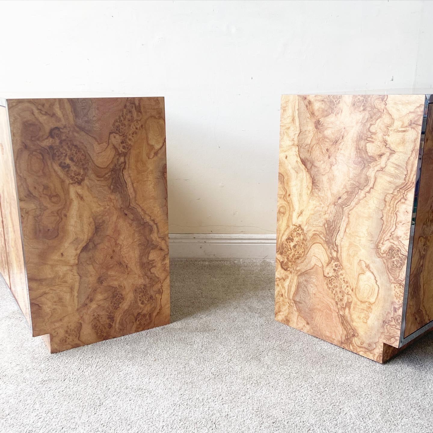 Late 20th Century Postmodern Burl Wood Lacquer Laminate and Chrome Cabinets, a Pair