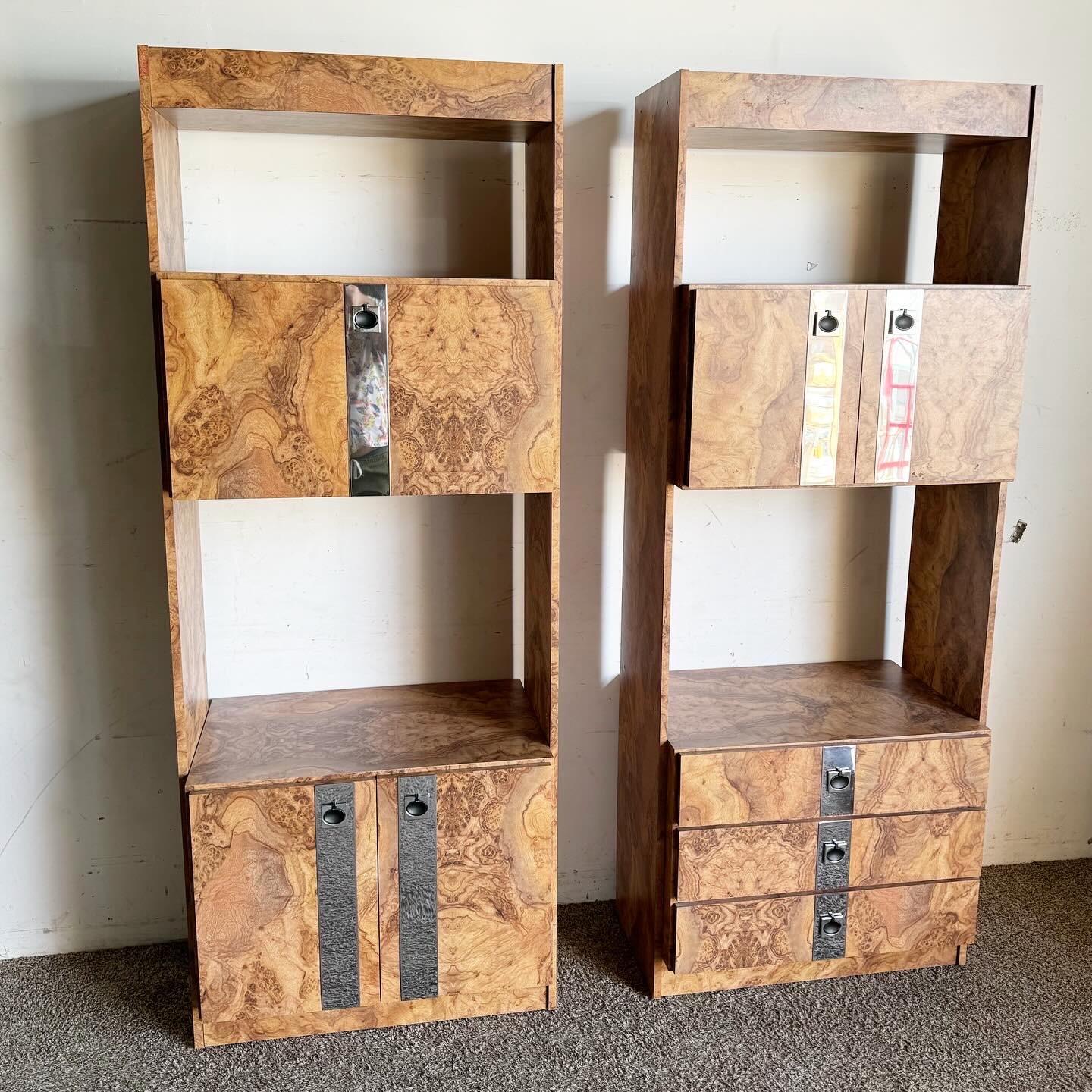 Postmodern Burl Wood Laminate and Chrome Etagere With Floating Desk In Good Condition In Delray Beach, FL