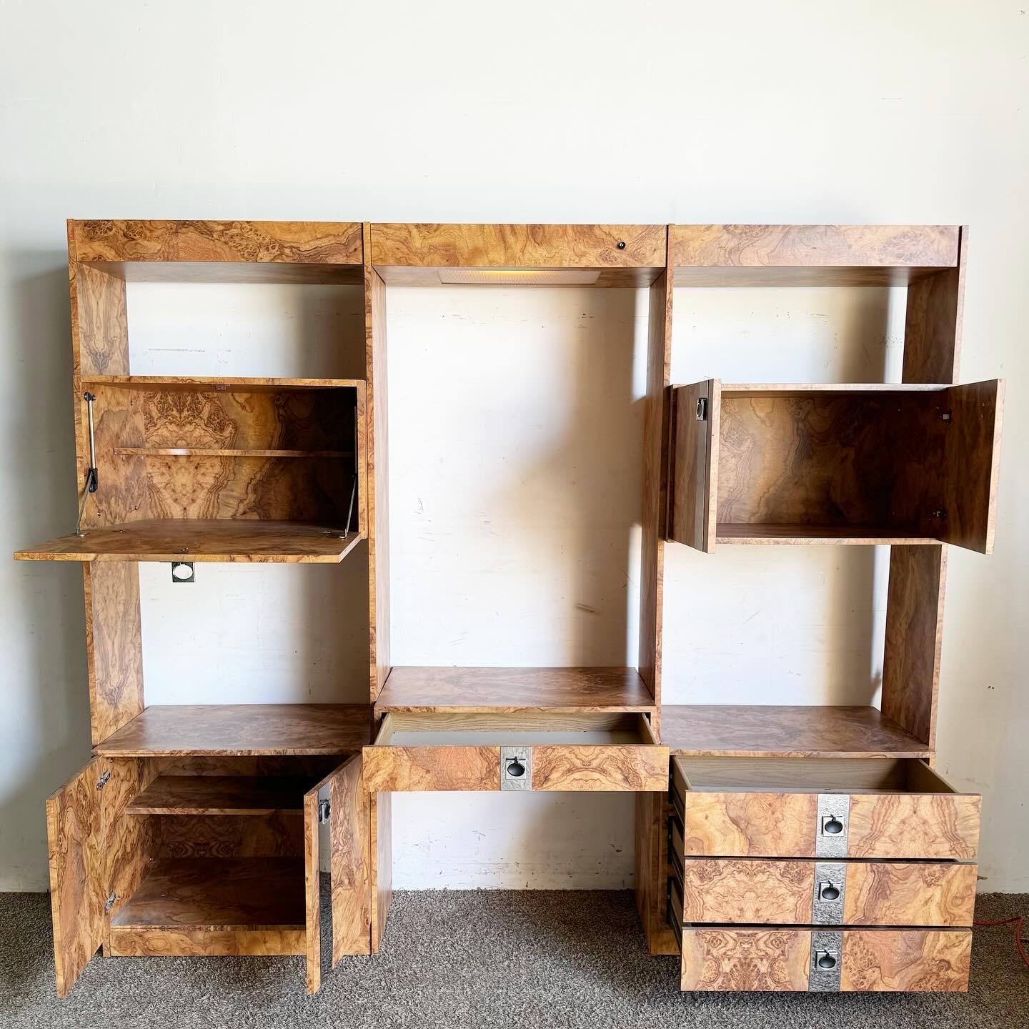 Late 20th Century Postmodern Burl Wood Laminate and Chrome Etagere With Floating Desk
