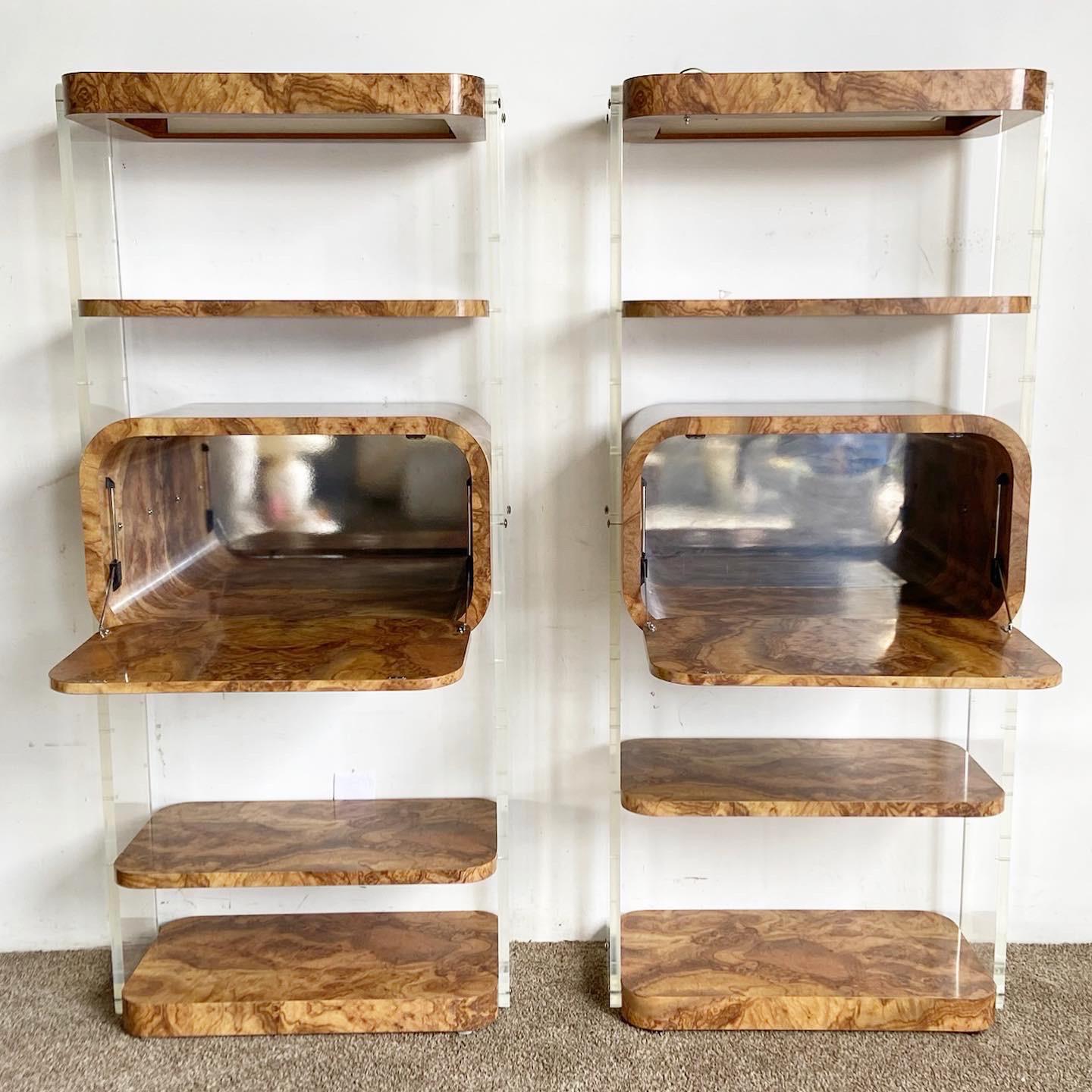 Elevate your interior with our Postmodern Burl Wood Laminate and Lucite Modular Wall Unit/Etagere/Dry Bar, blending burl wood, Lucite, and versatility.

Combines burl wood laminate and clear Lucite for a unique postmodern look.
Modular design with
