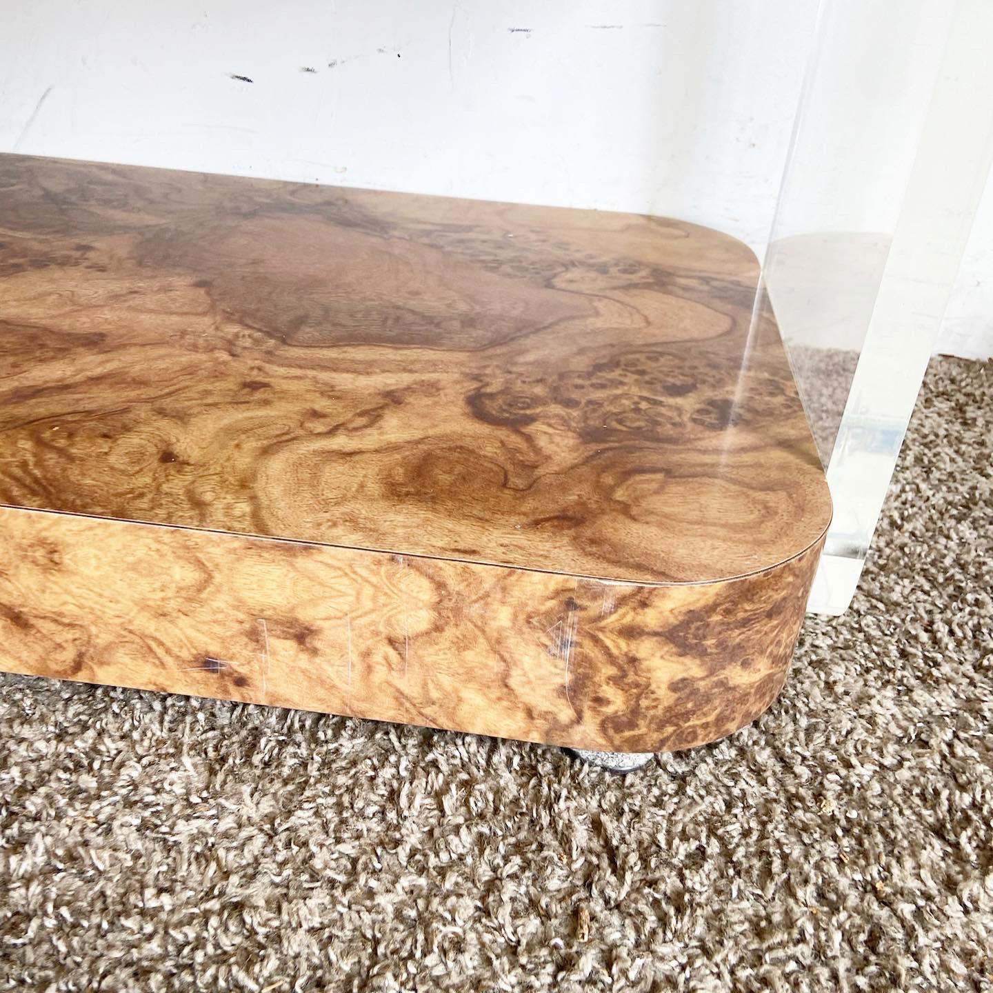 Post-Modern Postmodern Burl Wood Laminate and Lucite Modular Wall Unit/Etagere/Dry Bar