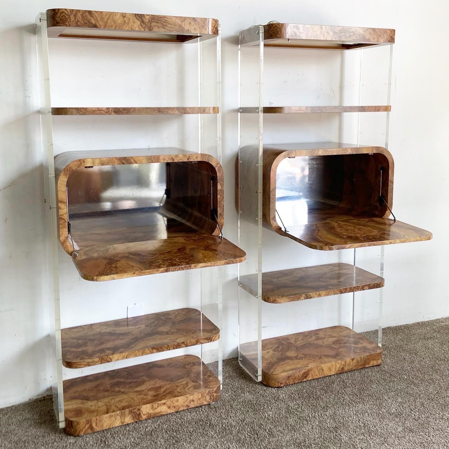 Postmodern Burl Wood Laminate and Lucite Modular Wall Unit/Etagere/Dry Bar In Good Condition For Sale In Delray Beach, FL