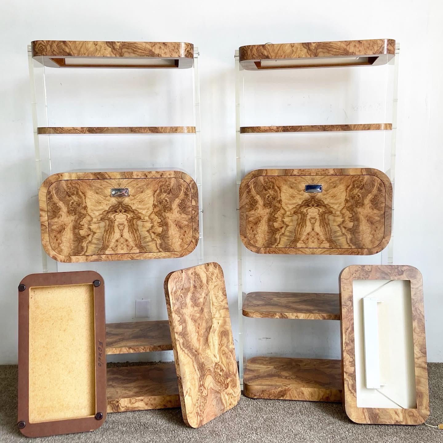 Postmodern Burl Wood Laminate and Lucite Modular Wall Unit/Etagere/Dry Bar For Sale 1