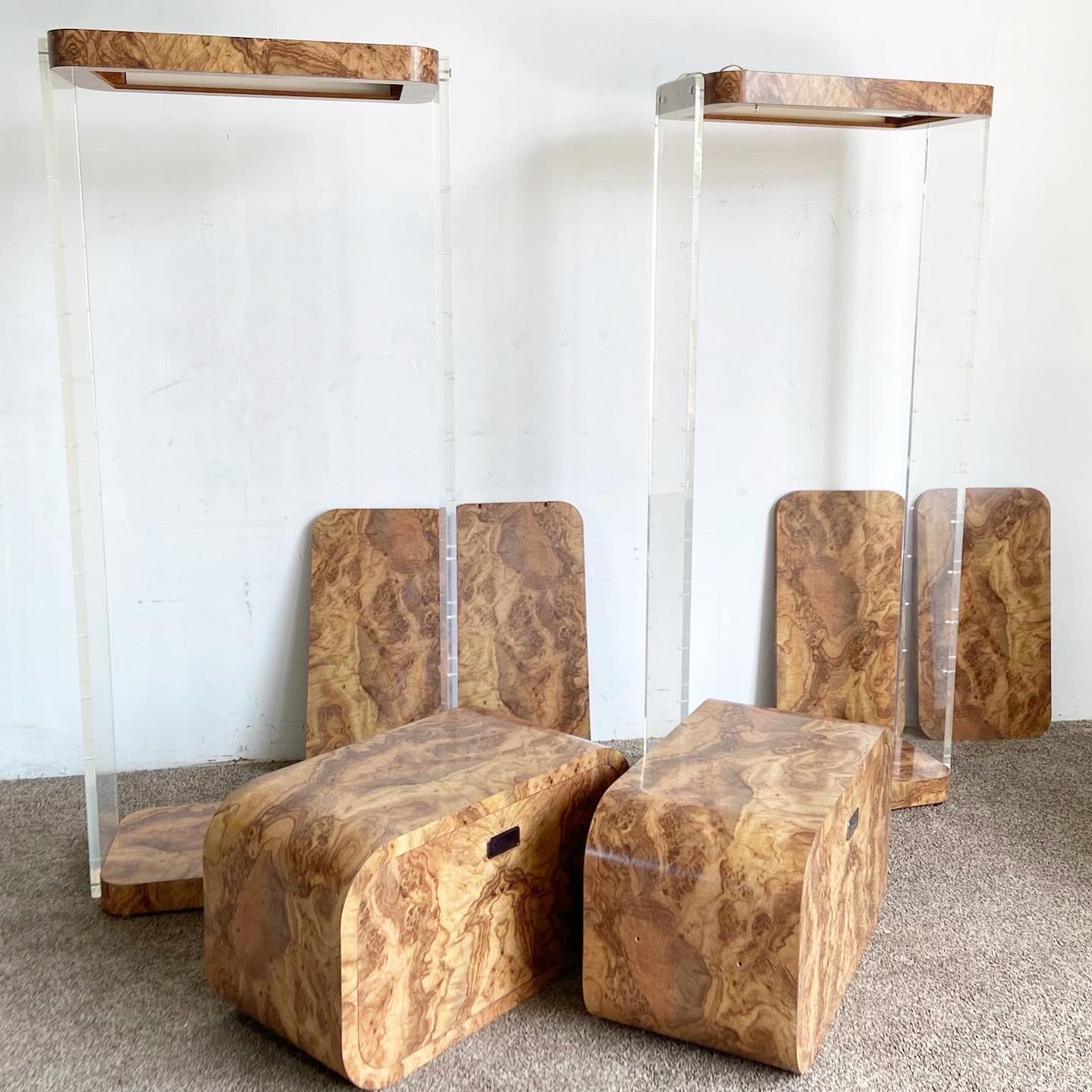 Postmodern Burl Wood Laminate and Lucite Modular Wall Unit/Etagere/Dry Bar For Sale 2