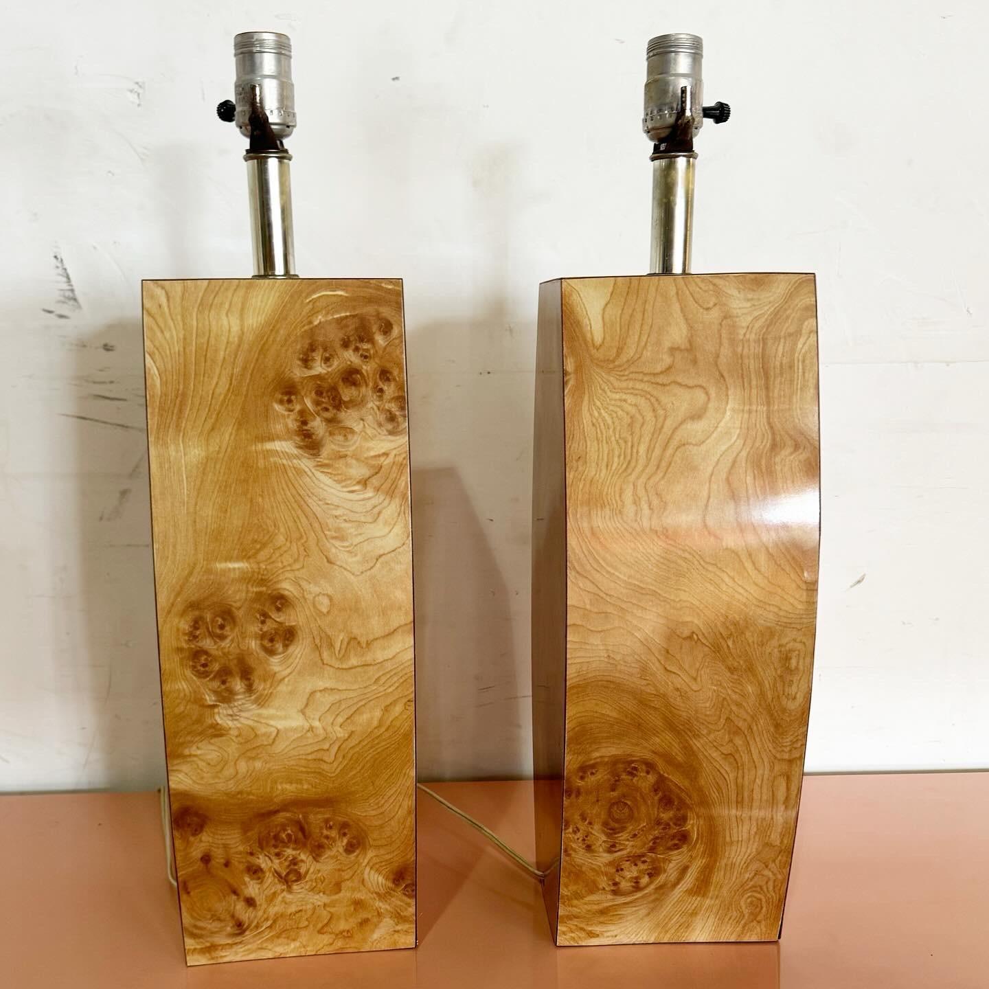American Postmodern Burl Wood Laminate Table Lamps - a Pair