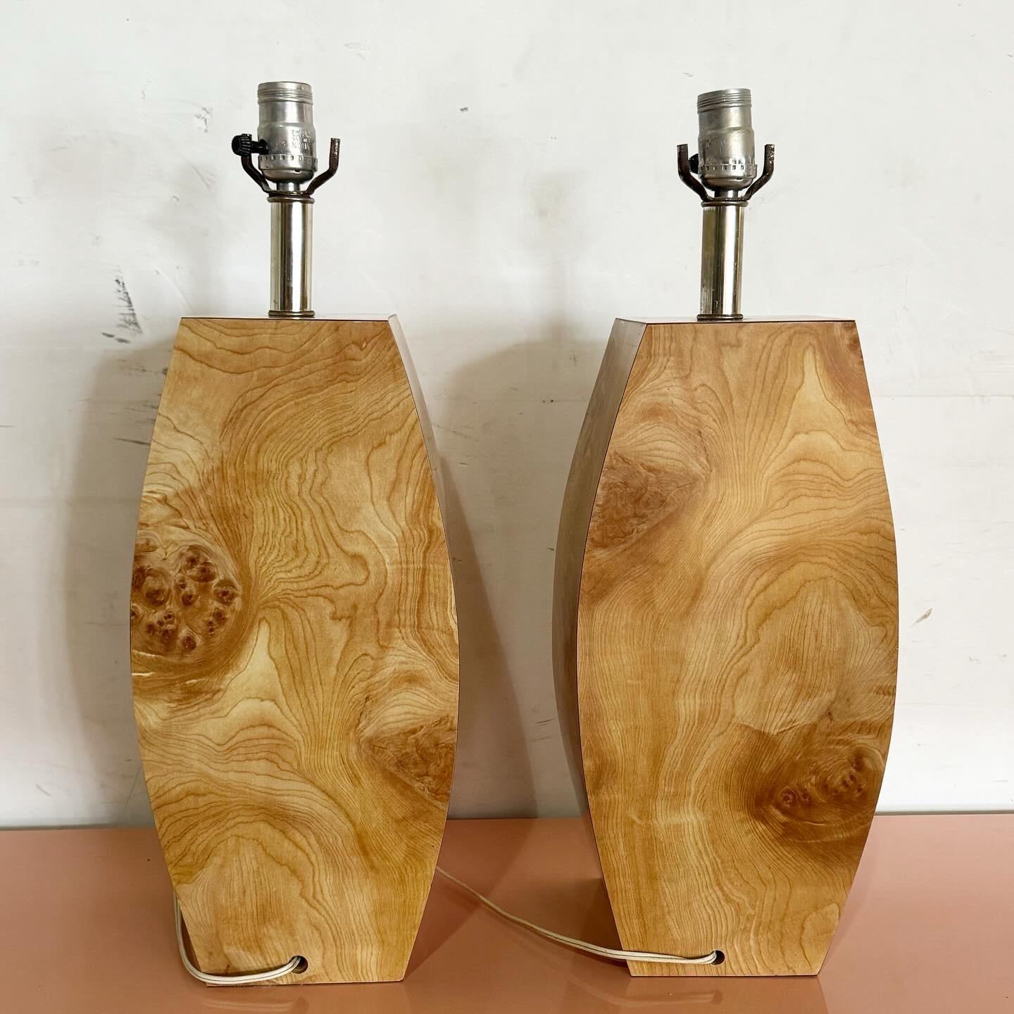 Postmodern Burl Wood Laminate Table Lamps - a Pair In Good Condition For Sale In Delray Beach, FL