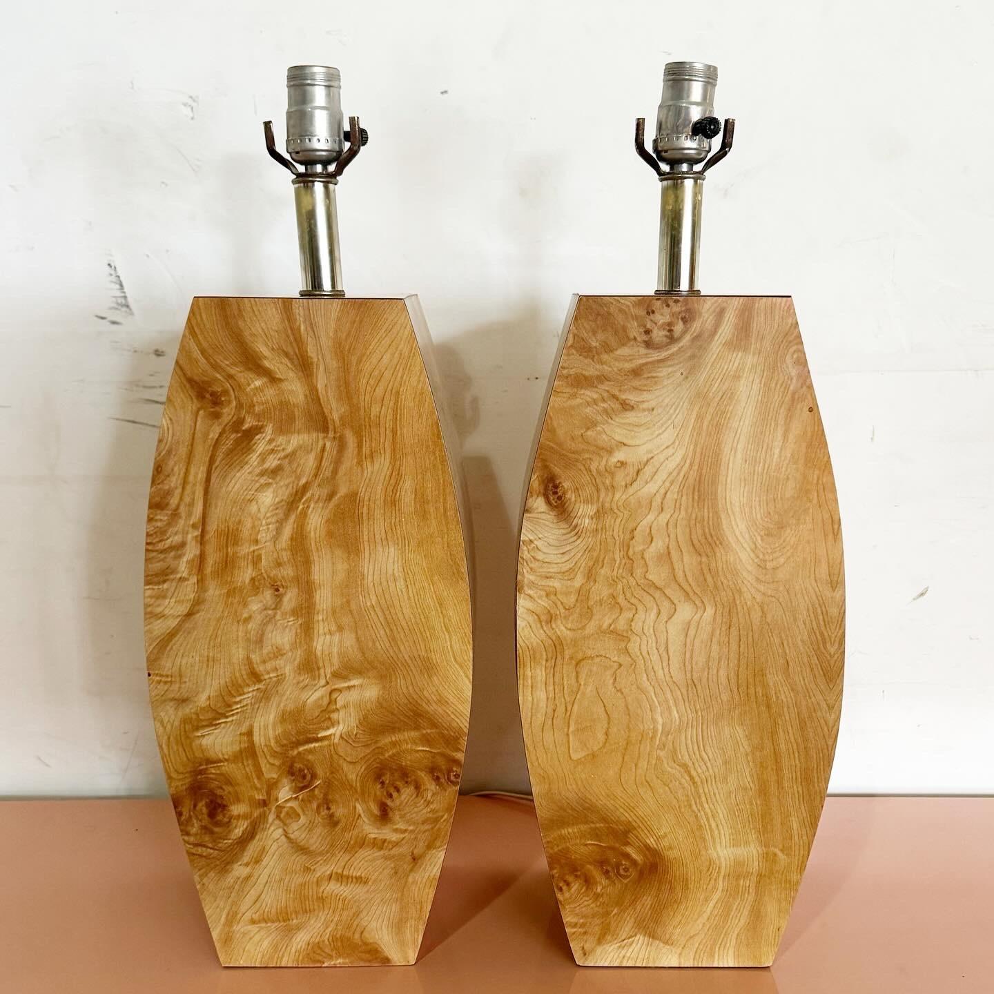Late 20th Century Postmodern Burl Wood Laminate Table Lamps - a Pair