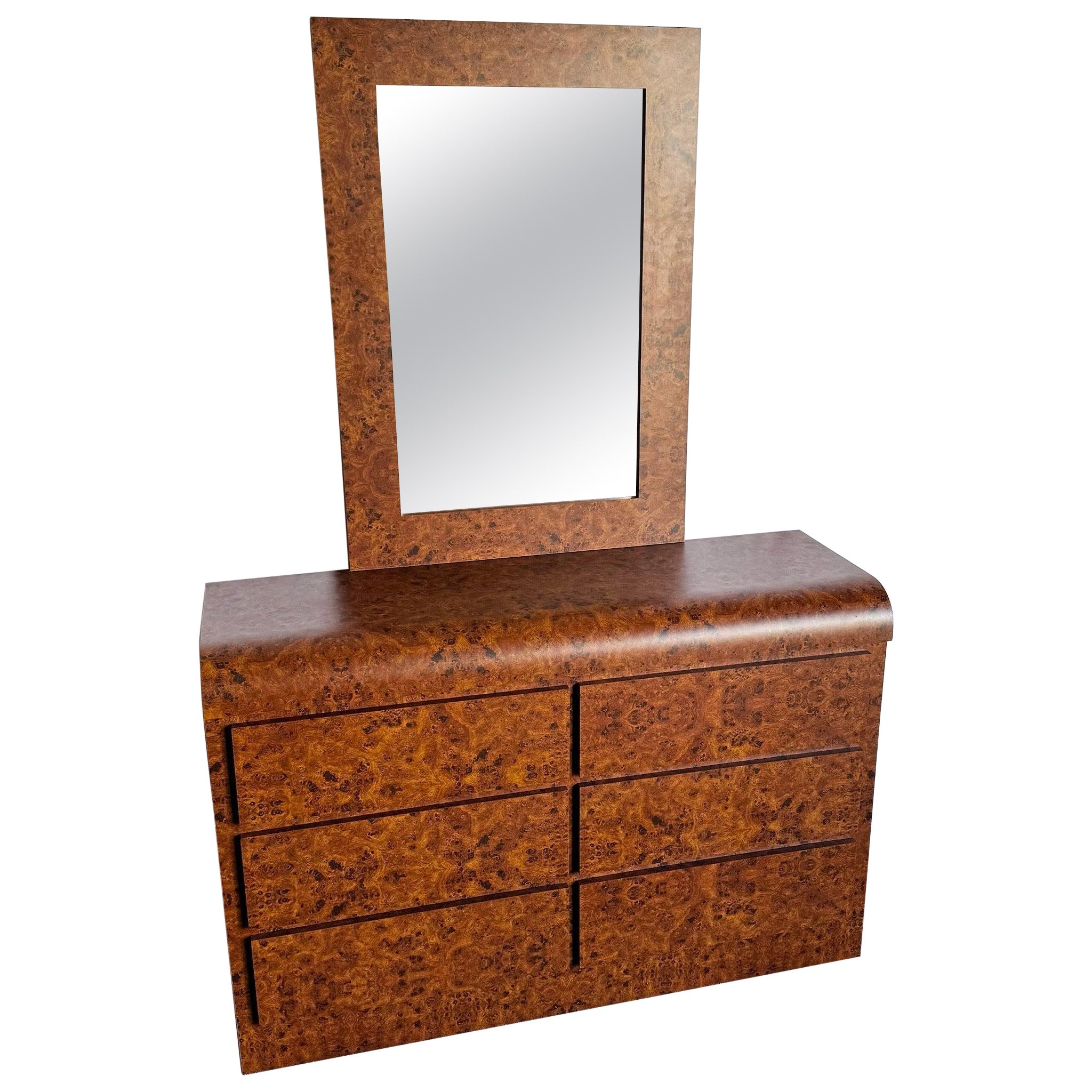Cómoda Postmoderna De Madera De Burl Laminada En Cascada Con Espejo - 2 Piezas en venta