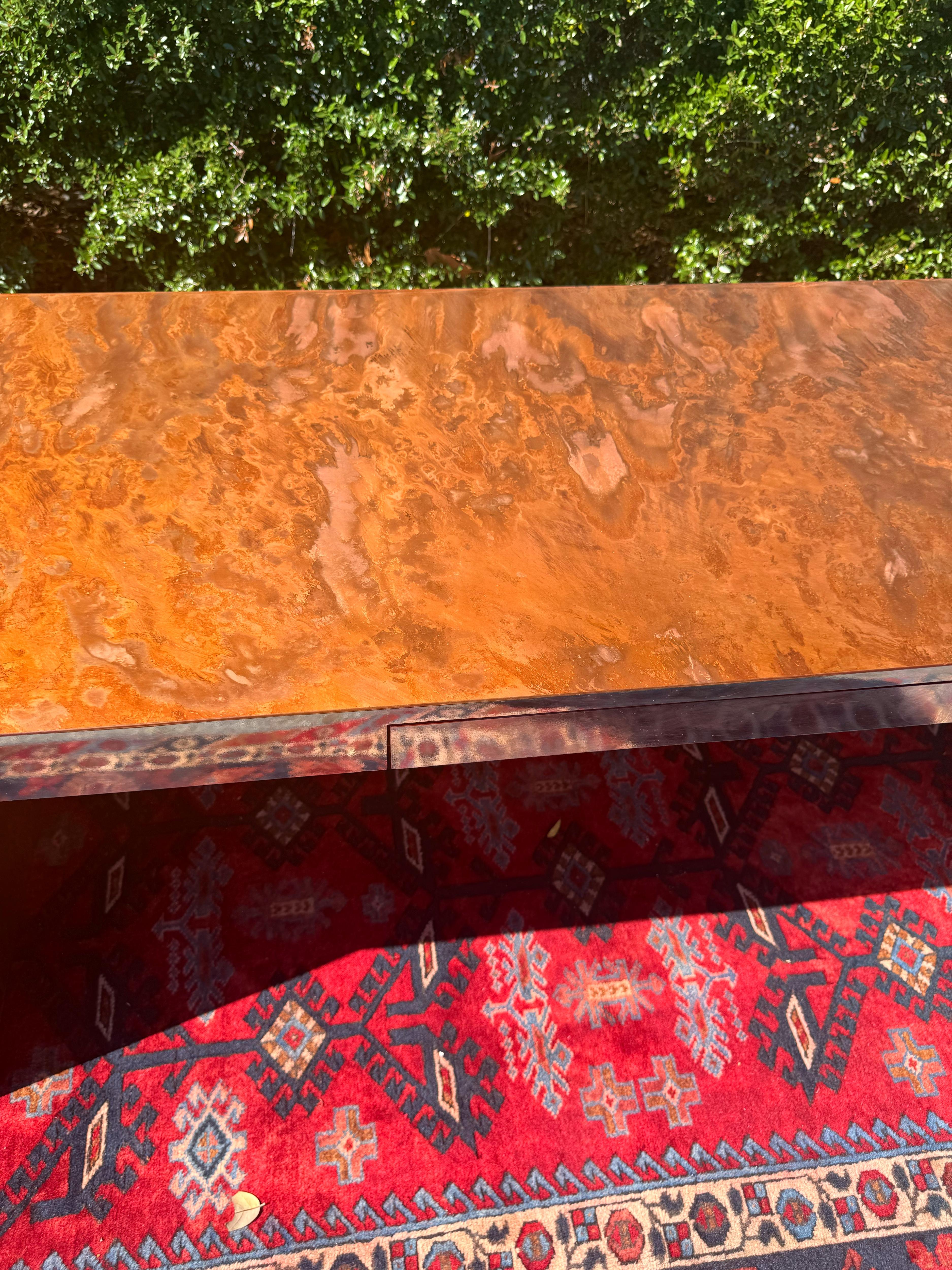 Postmodern Burled Copper and Chrome Parsons Style Desk/Console Table For Sale 4