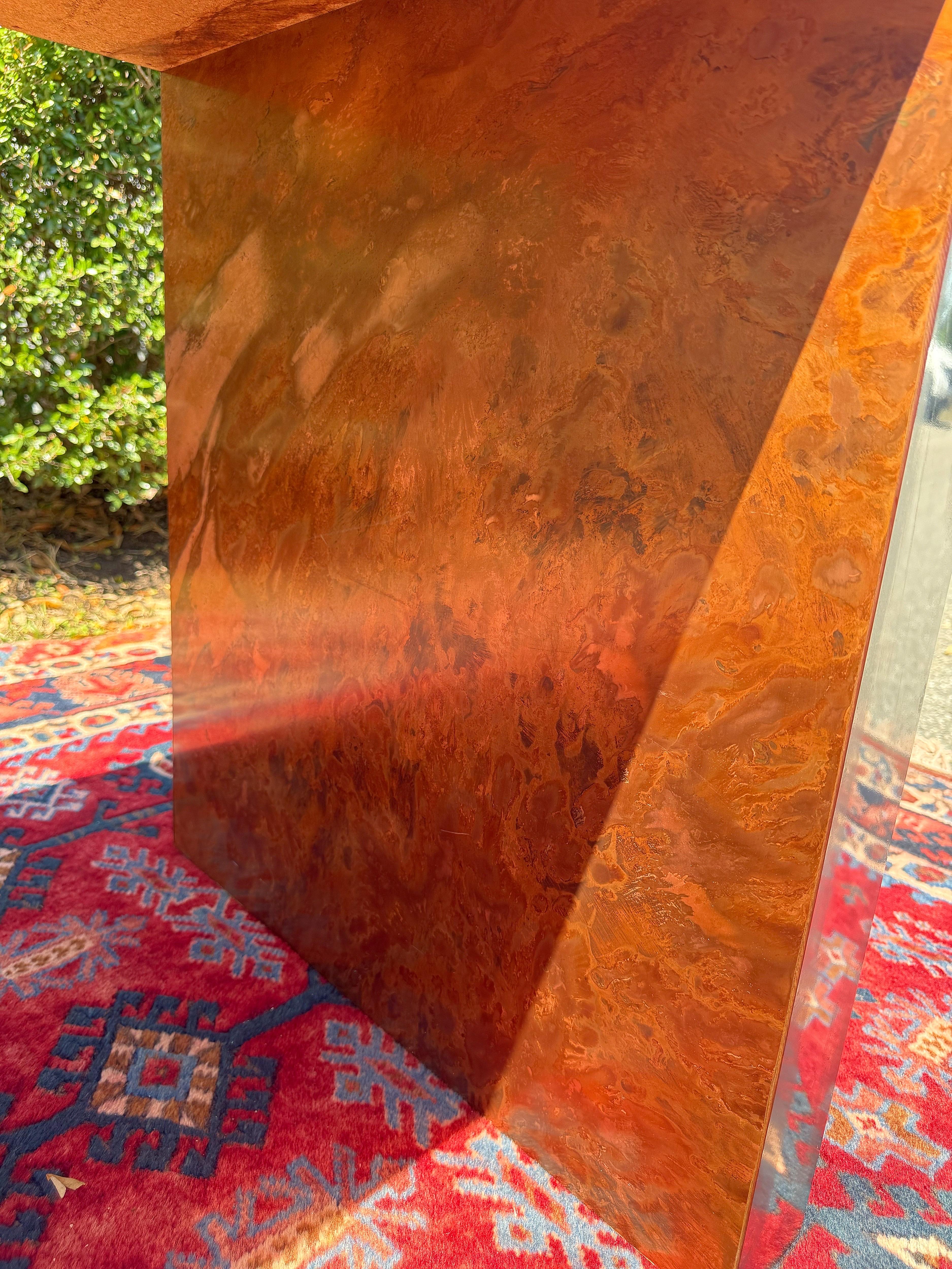 Postmodern Burled Copper and Chrome Parsons Style Desk/Console Table For Sale 5