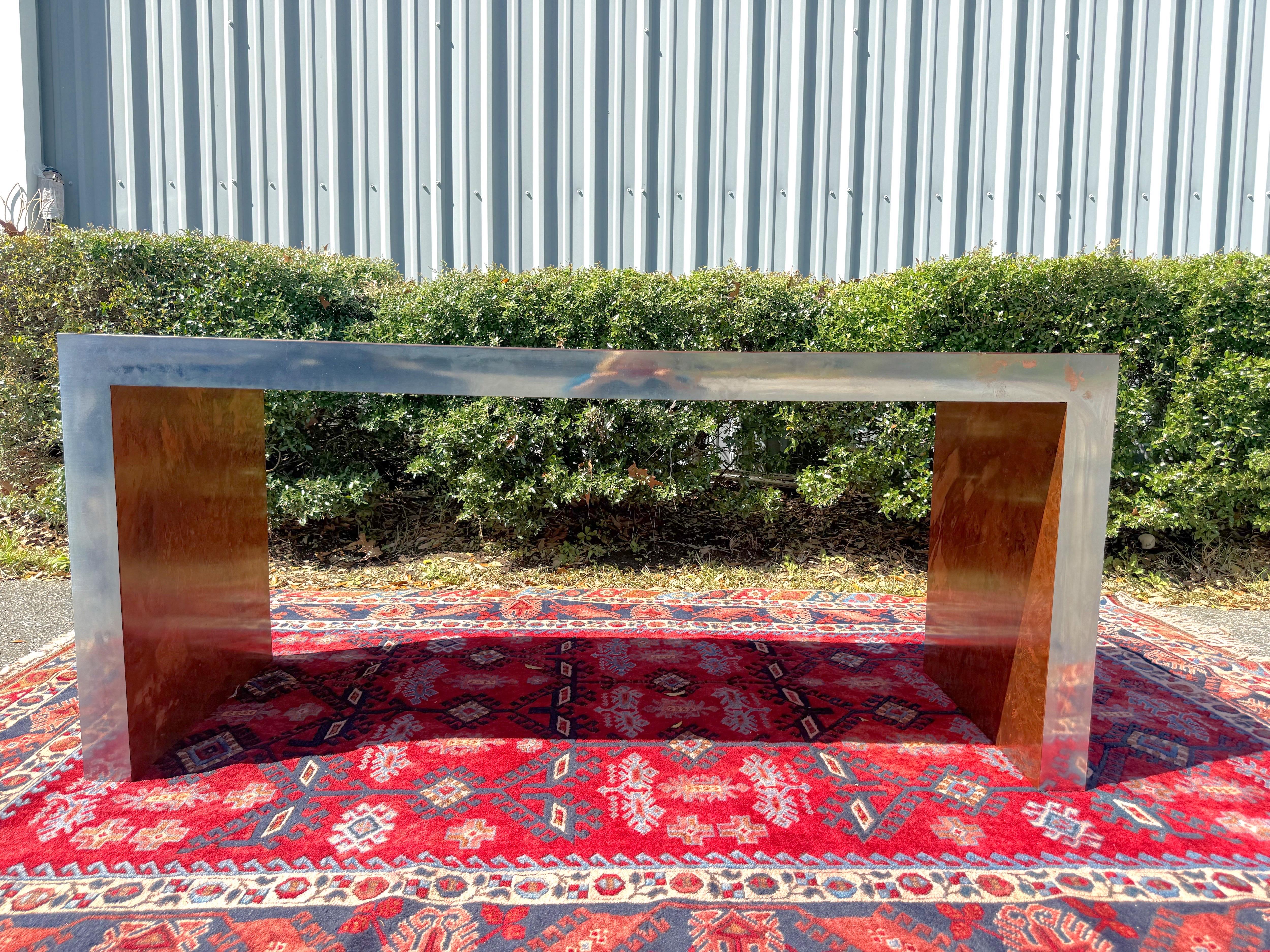Post-Modern Postmodern Burled Copper and Chrome Parsons Style Desk/Console Table For Sale