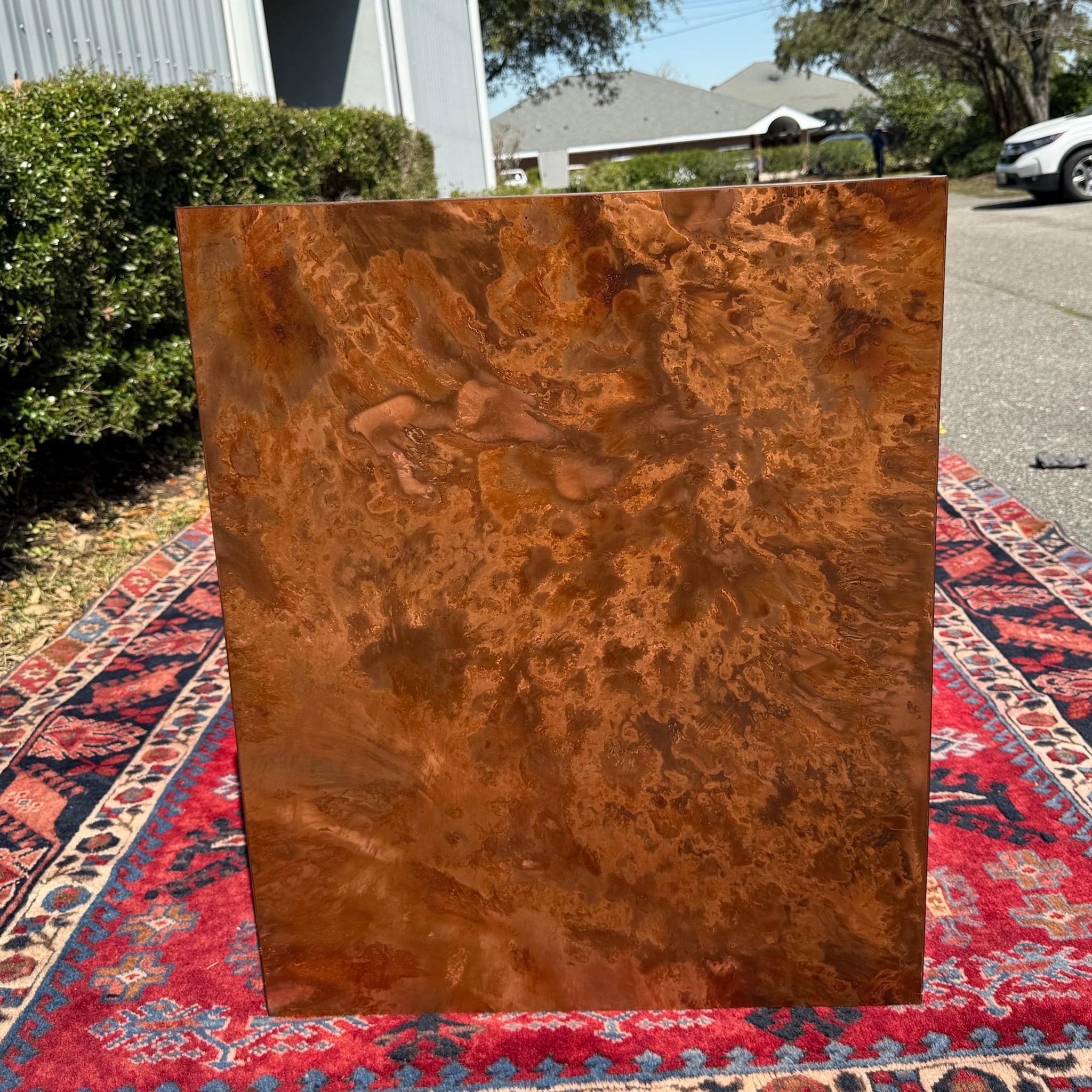 Unknown Postmodern Burled Copper and Chrome Parsons Style Desk/Console Table For Sale