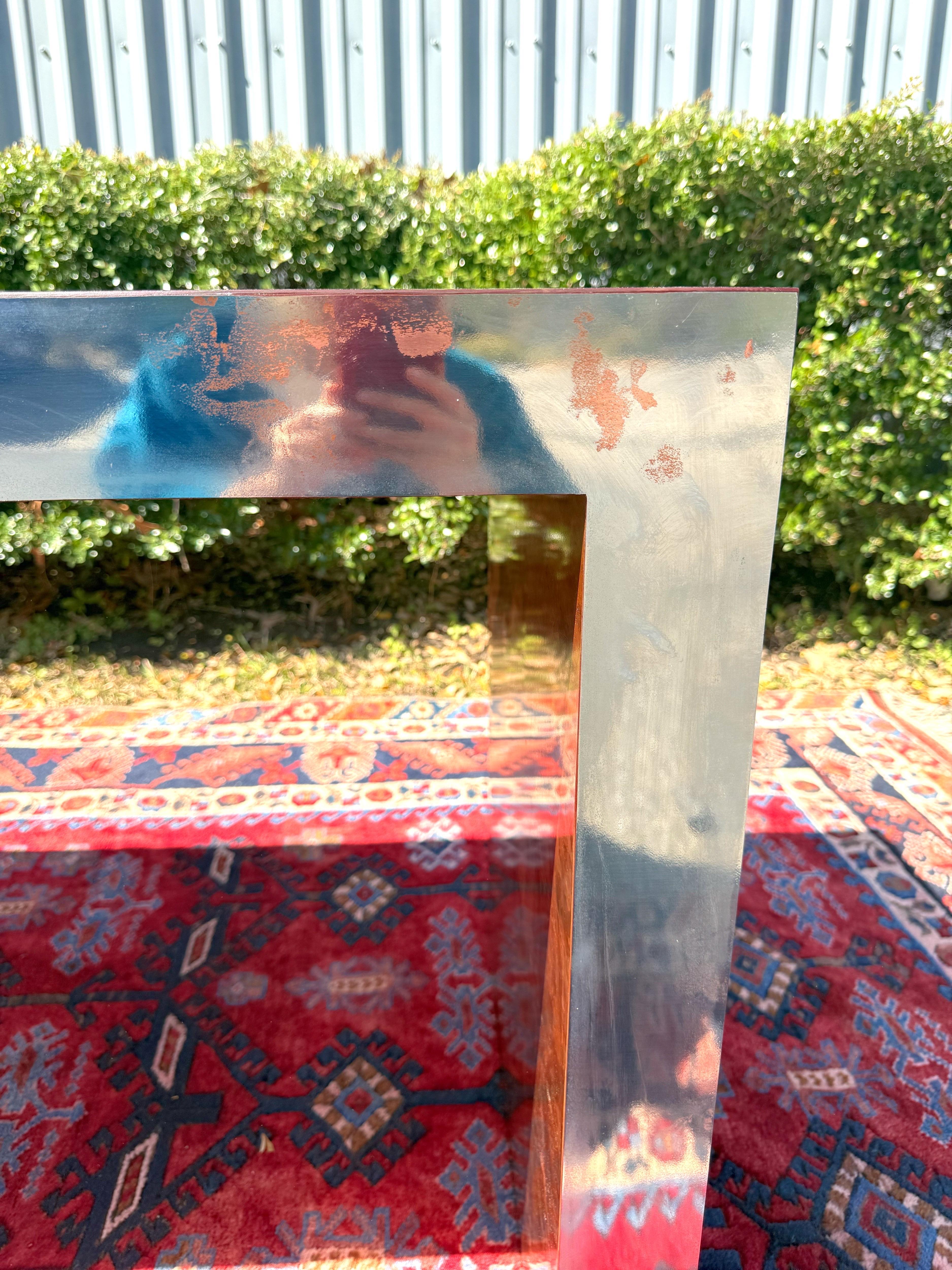 Late 20th Century Postmodern Burled Copper and Chrome Parsons Style Desk/Console Table For Sale