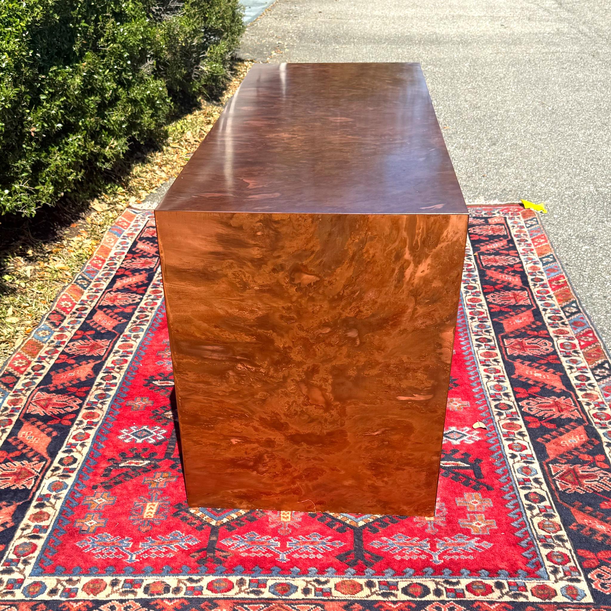 Postmodern Burled Copper and Chrome Parsons Style Desk/Console Table For Sale 1