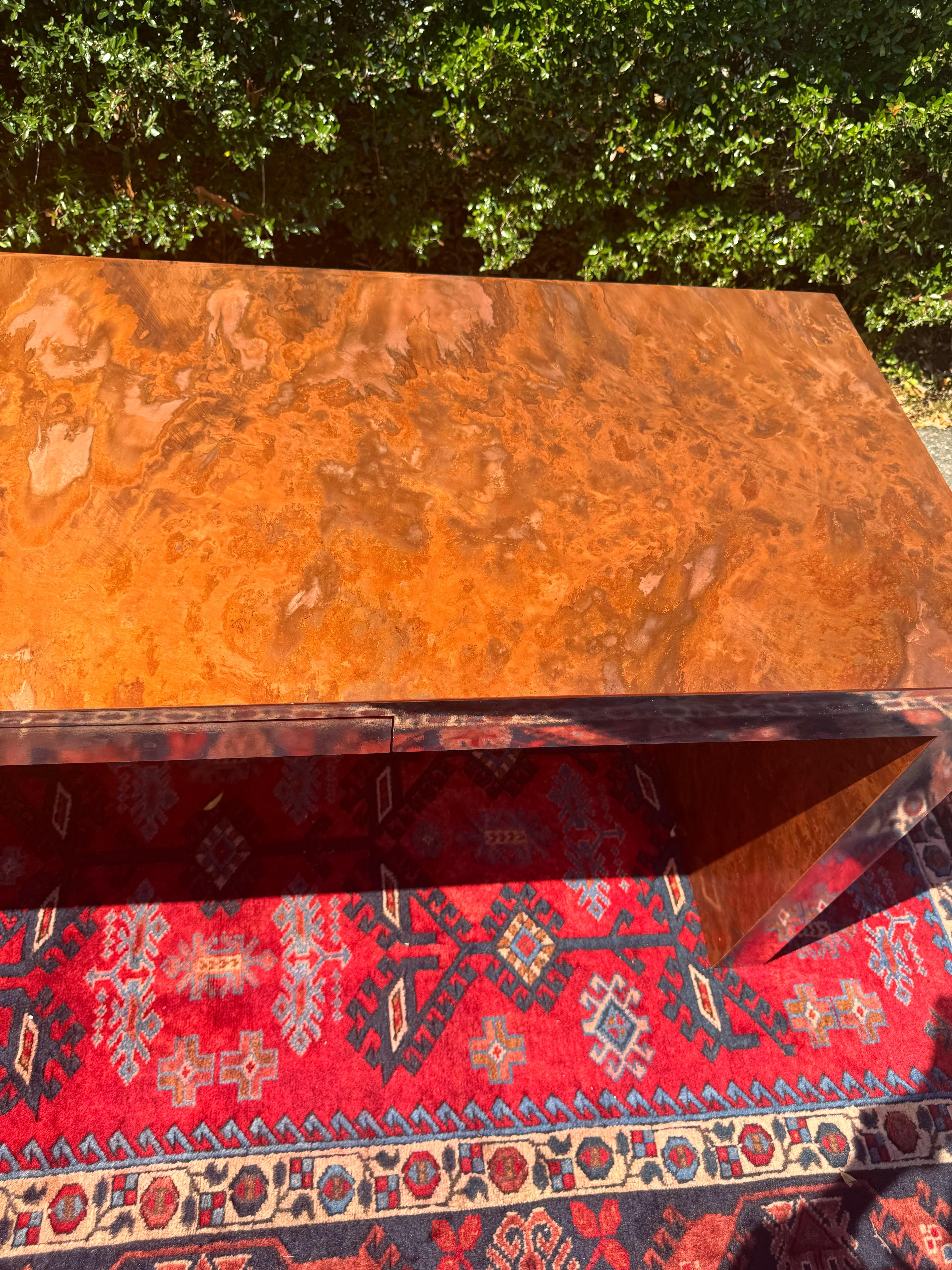 Postmodern Burled Copper and Chrome Parsons Style Desk/Console Table For Sale 3