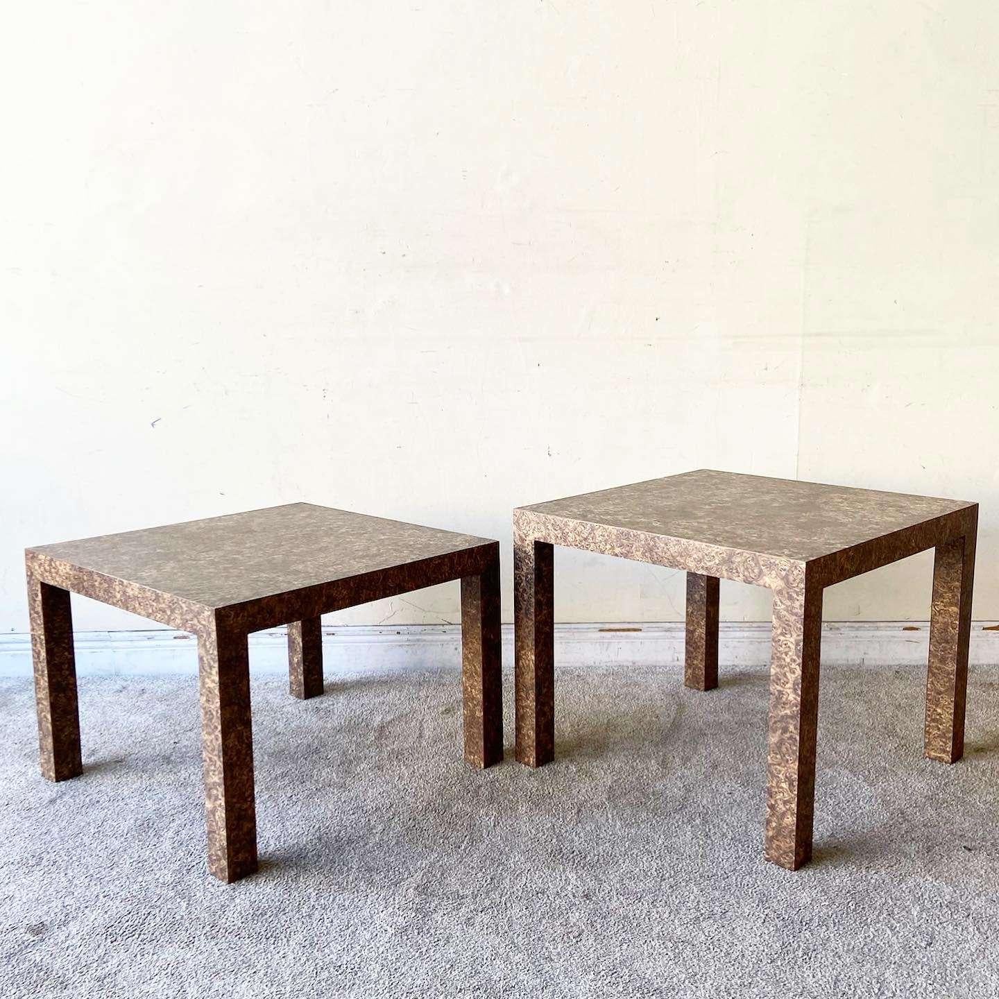 Exceptional vintage postmodern ascending parsons side tables. Each feature a darker burlwood laminate.

Shorter table measures 19.5”H