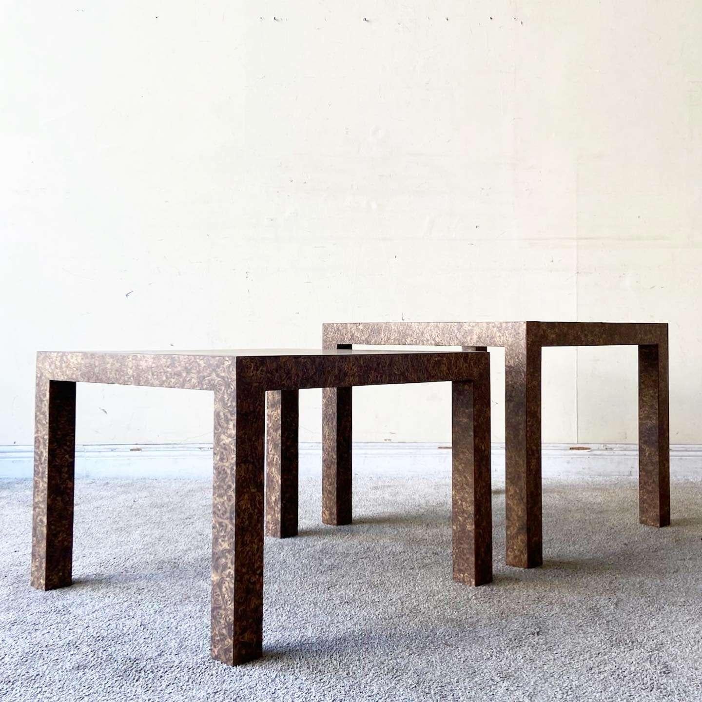 Post-Modern Postmodern Burlwood Laminate Ascending Parsons Side Tables - a Pair For Sale