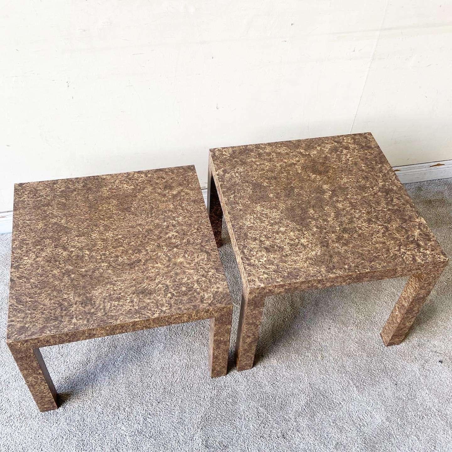 Postmodern Burlwood Laminate Ascending Parsons Side Tables - a Pair In Good Condition For Sale In Delray Beach, FL