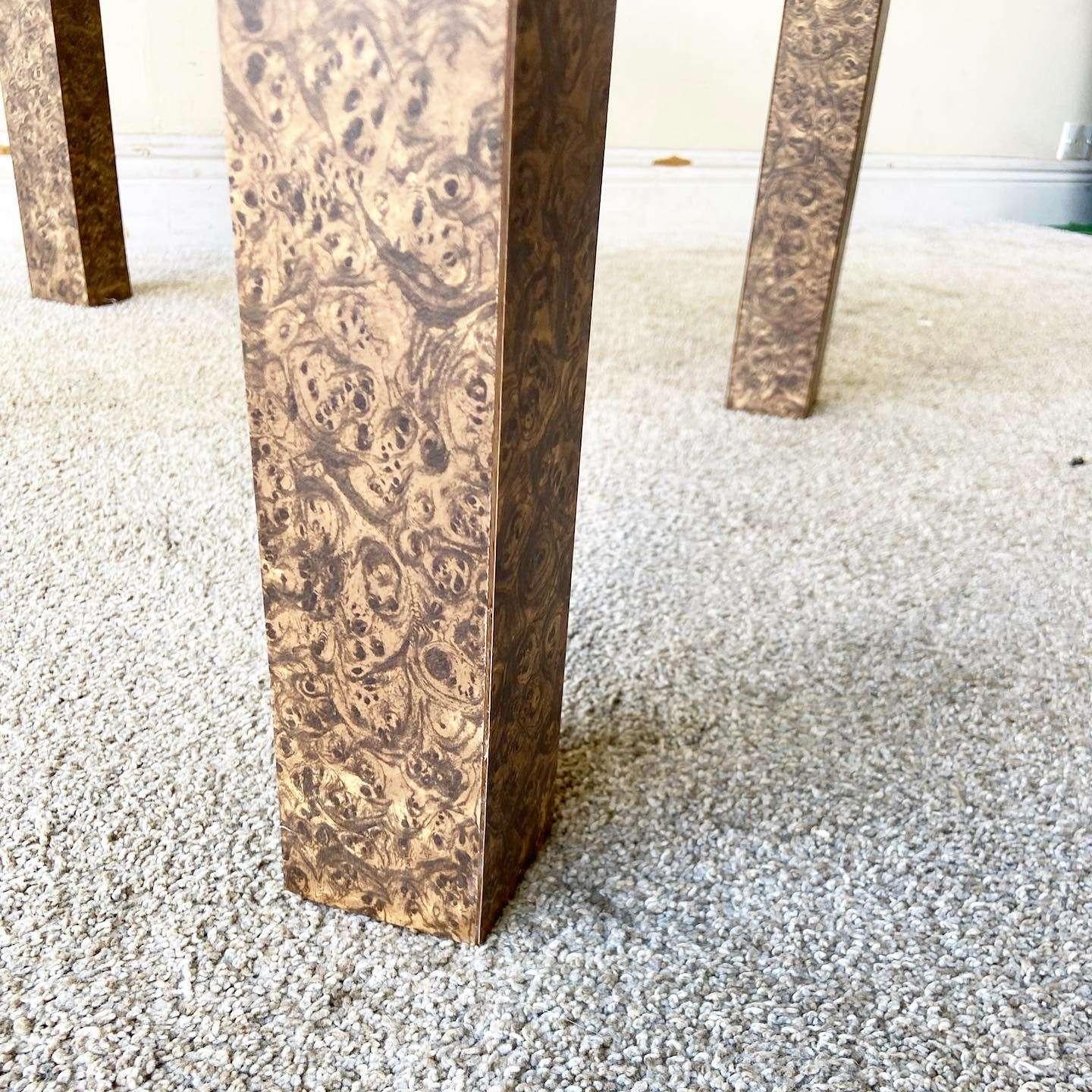 Late 20th Century Postmodern Burlwood Laminate Ascending Parsons Side Tables - a Pair For Sale
