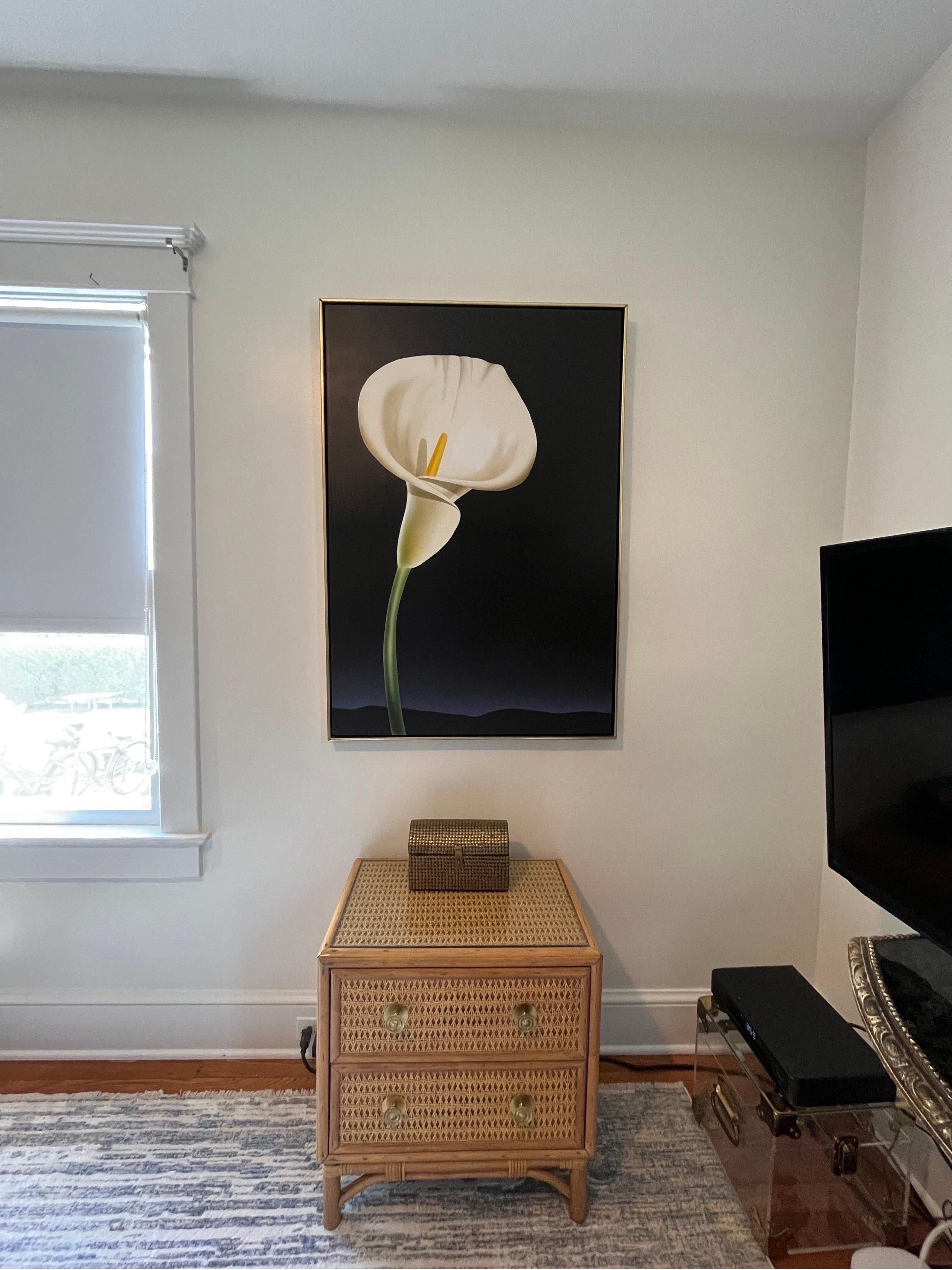 Striking Calla Lily print on canvas. Signed S. Kenny ‘81. Beautiful capture of the allure of the Calla Lily with superb coloring. Natural wood frame with brass piping.
Curbside to NYC/Philly $350
