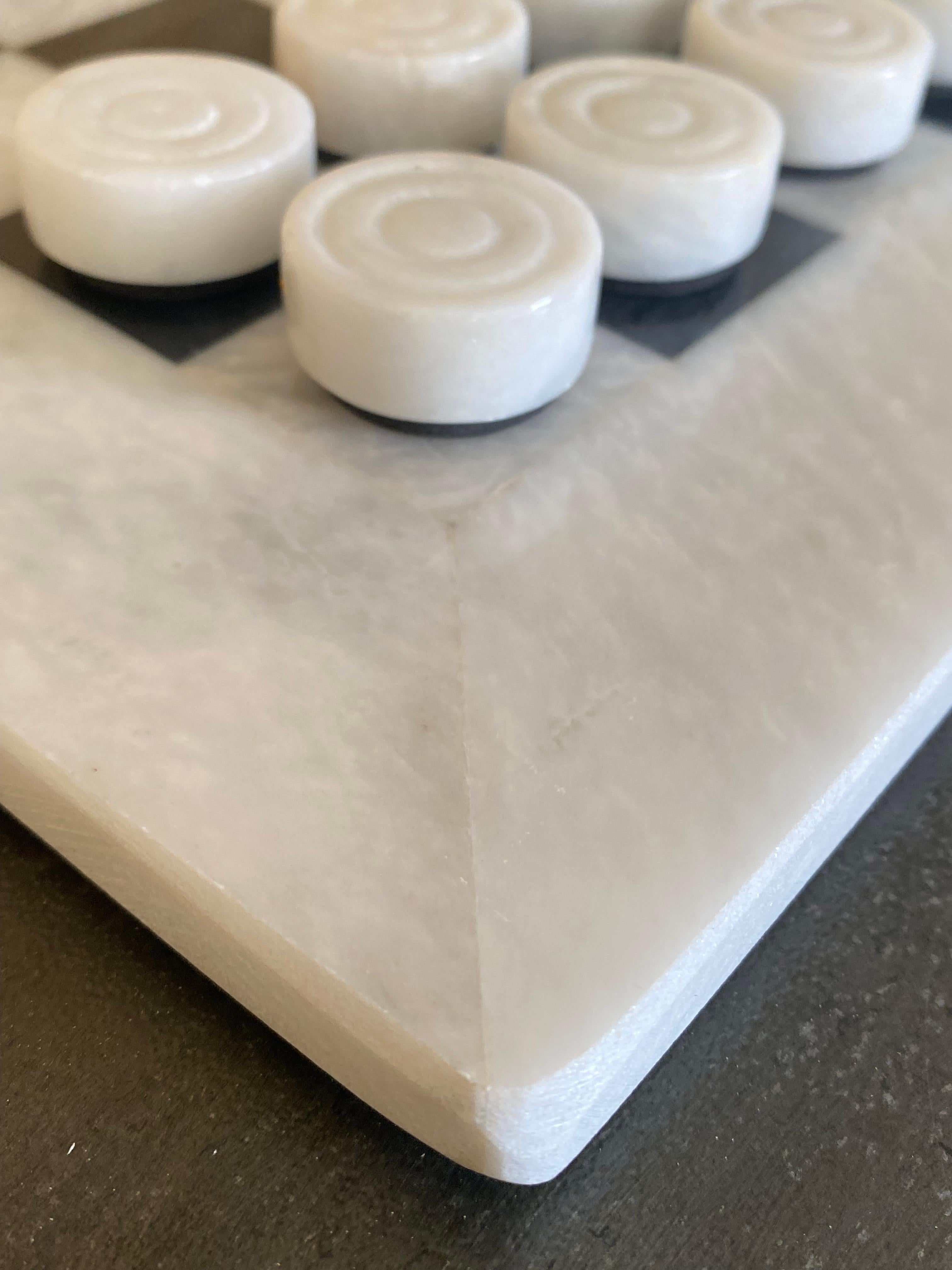 Postmodern Carved Marble Checkers Game Board + Pieces In Good Condition For Sale In Round Top, TX