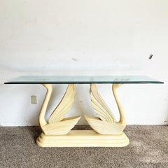 Postmodern Carved Wooden Swan Pedestal Glass Top Console Table