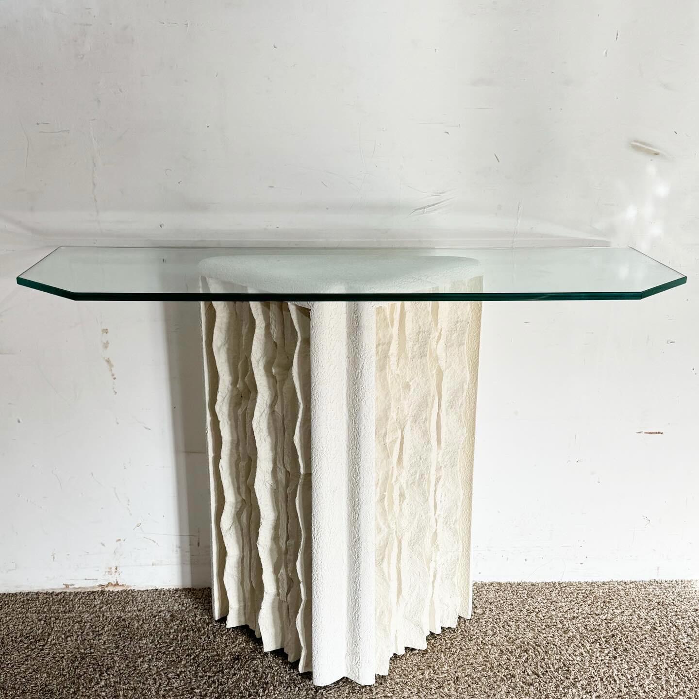 Postmodern Cast Plaster Glass Top Console Table In Good Condition For Sale In Delray Beach, FL