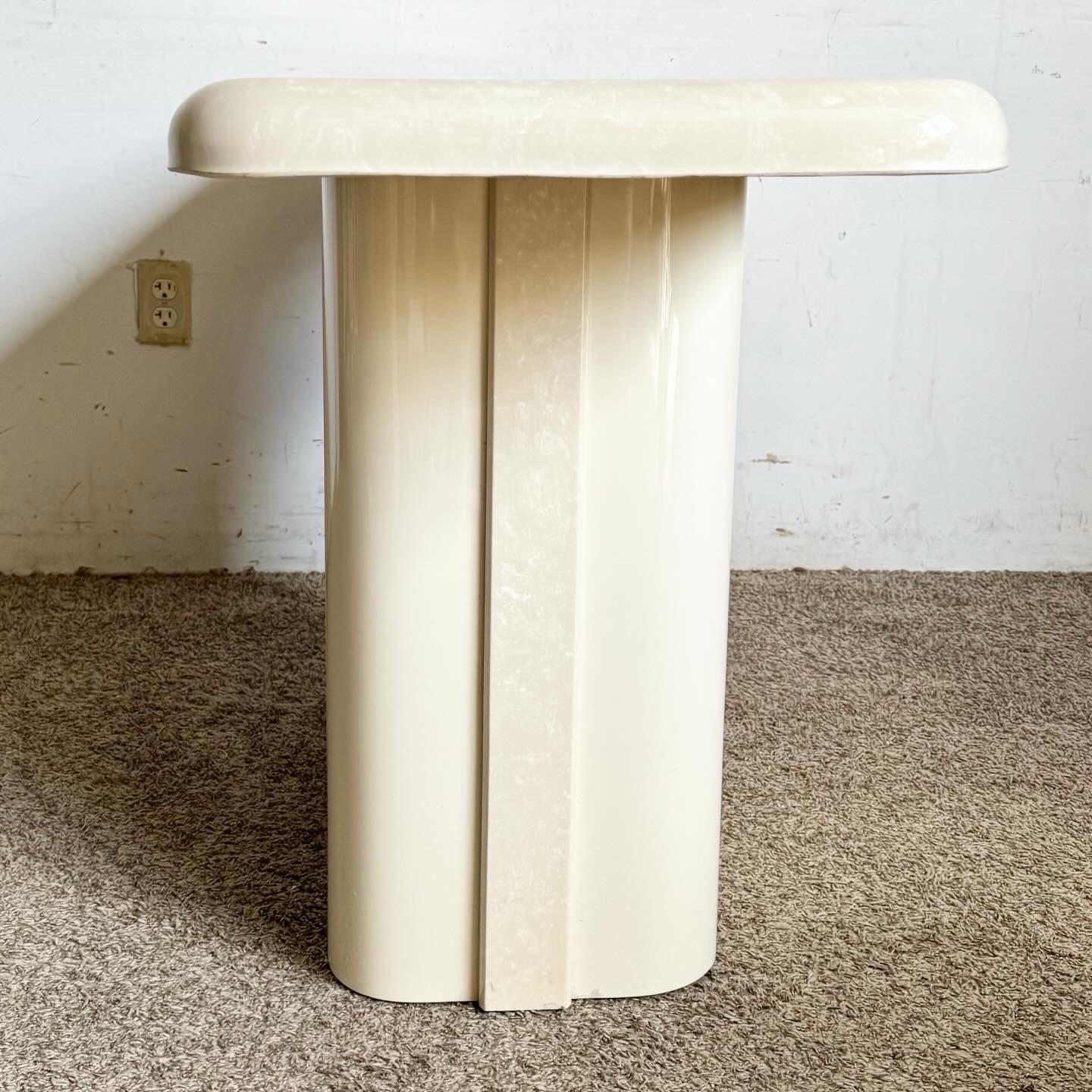 Wood Postmodern Casted Cream Faux Marble Console Table For Sale