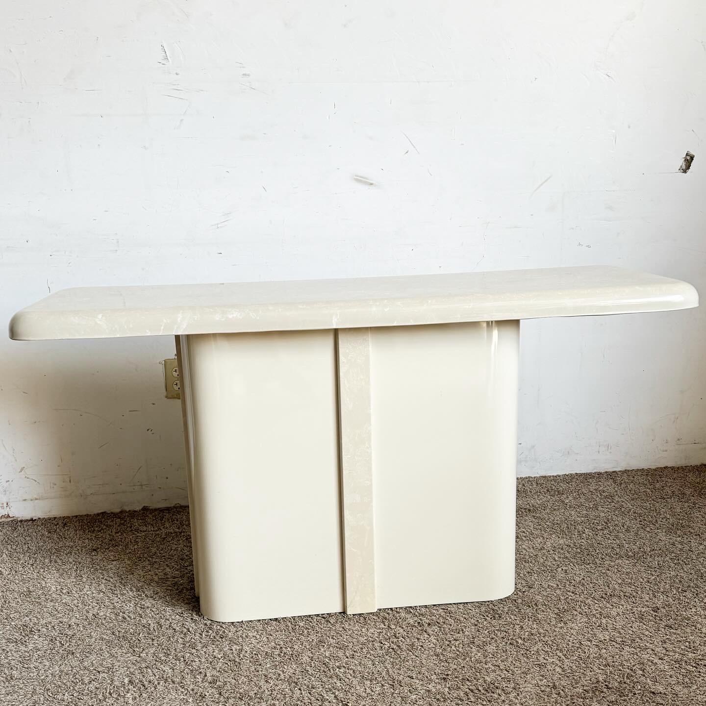 Postmodern Casted Cream Faux Marble Console Table For Sale 1