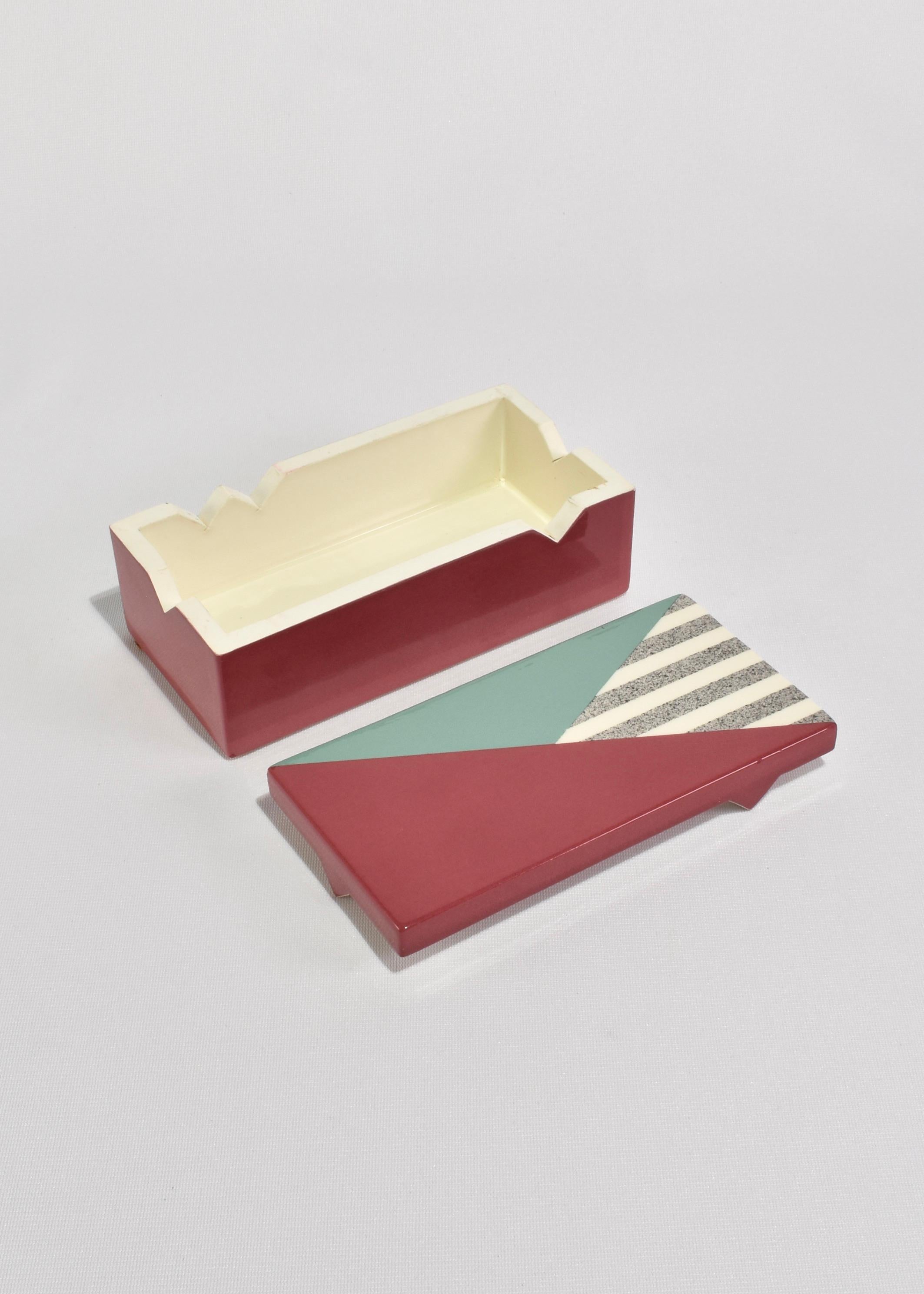 Rare, postmodern ceramic box with colorful geometric pattern. Signed, Duvall '83.