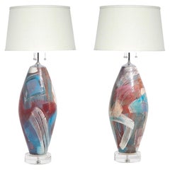 Postmodern Ceramic Table Lamps Lucite Base, 1980