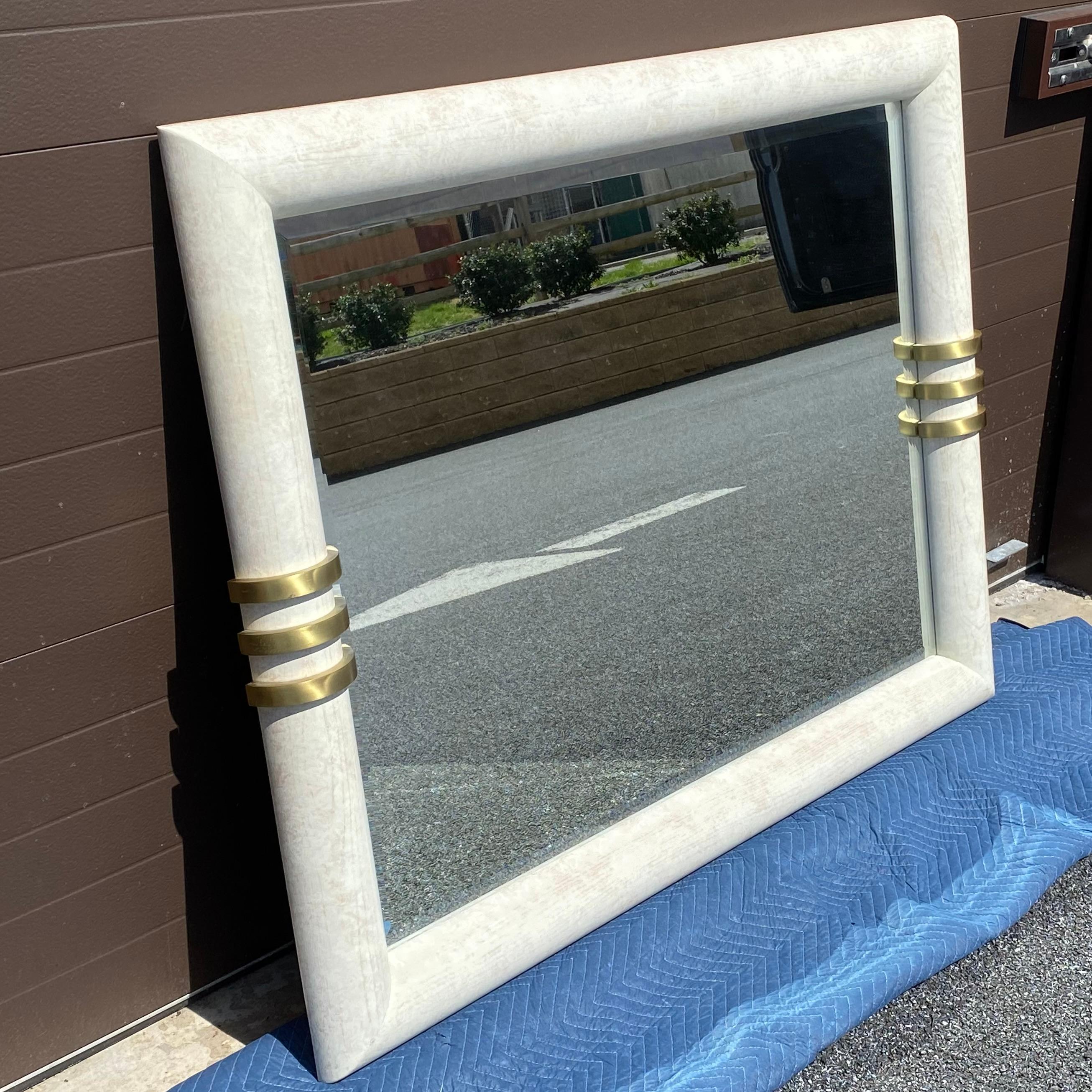 American Postmodern Cerused Oak Bullnose Wall Mirror With Brass Accents