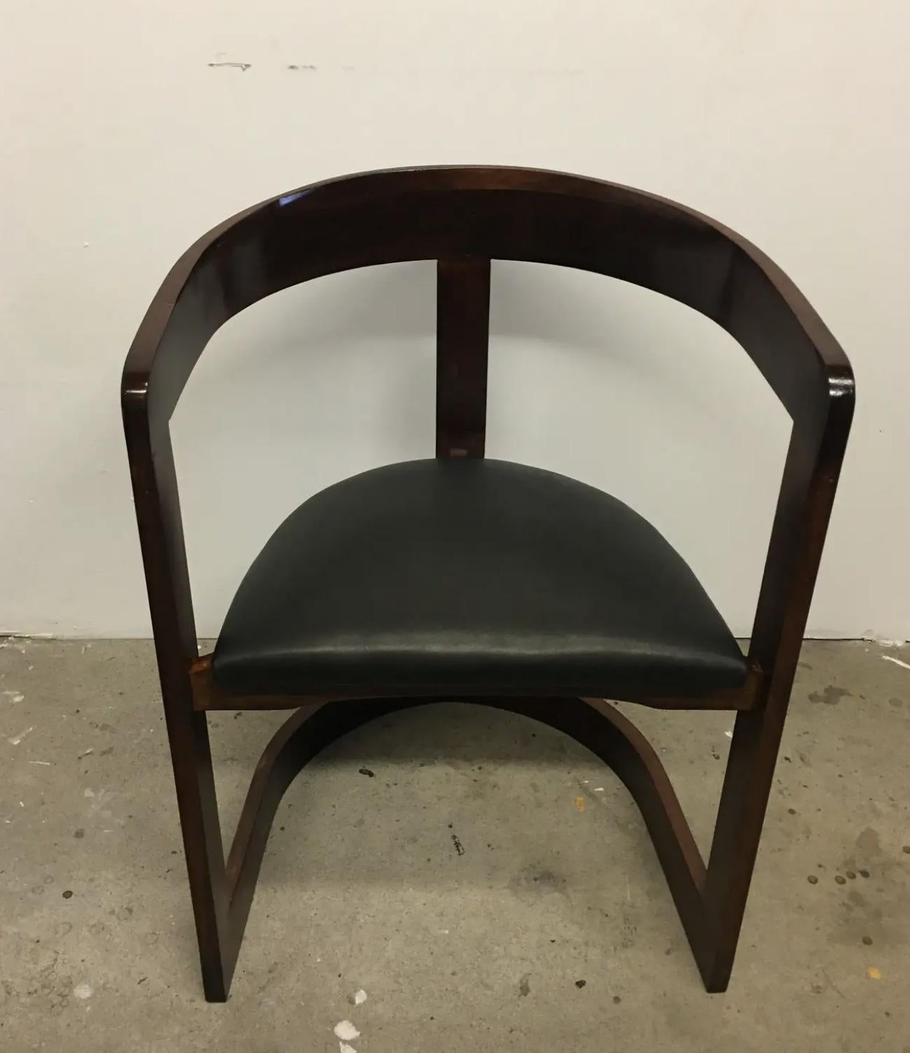 Set of 5 - Custom, hand-made individually of solid cherry wood, these are tub dining chairs in the Post-Modern, Mid-century Modern style of Italian designers and architects Afra & Tobia Scarpa. On 3 legs with bucket or 